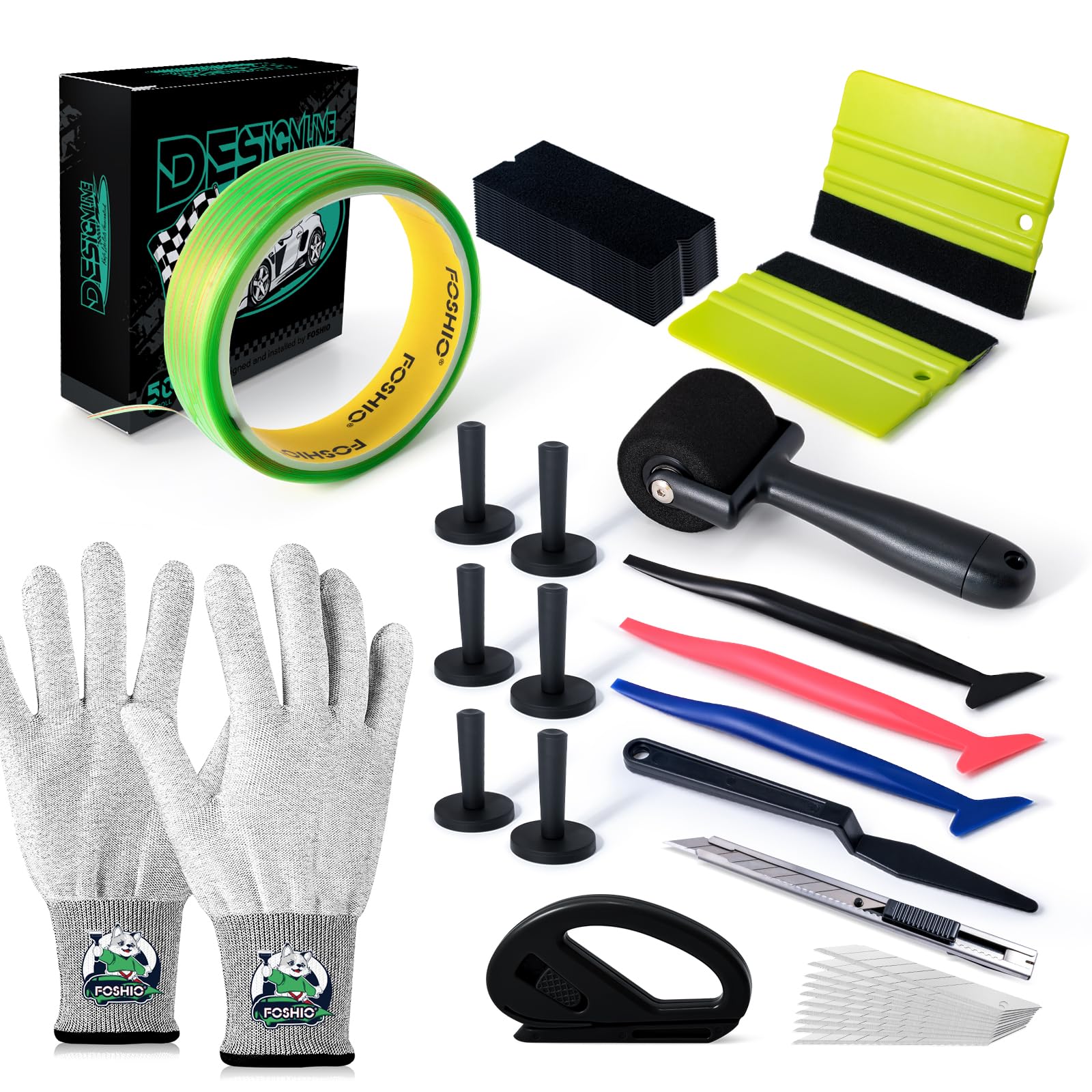 FOSHIO - Kit de herramientas de vinilo para coche, cinta de corte sin cuchillo, 50 m, raspador para película teñida, kit de herramientas para envoltura de película, 6 imanes para envolver, raspador