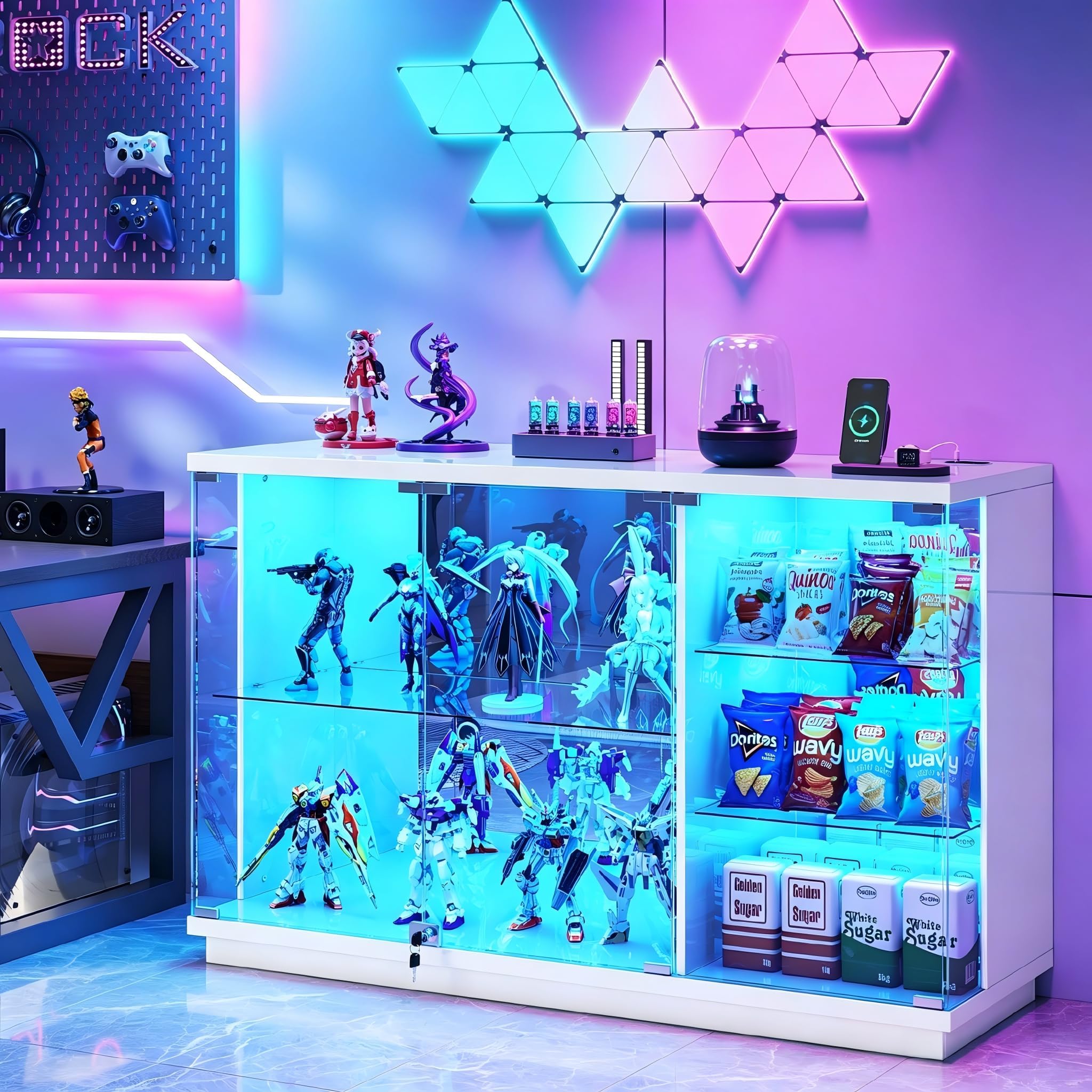 Gurexl Glasvitrine mit LED Beleuchtung und Körpersensor-System für Wohnzimmer,Hochglanz Sideboards mit Abschließbare Glastüren und Type-c B120 x T38 x H85 cm für Esszimmer Innenministerium,Weiß
