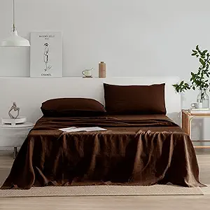 EVERLY Linen Sheets Set Twin Size,100% French Stonewash Pure Linen Sheets Set,3Pieces (1Flat Sheet,1Fitted Sheet,1Pillowcase) Suitable for Hot Sleepers,Deep Pocket Natural Bedding Set-Chocolate