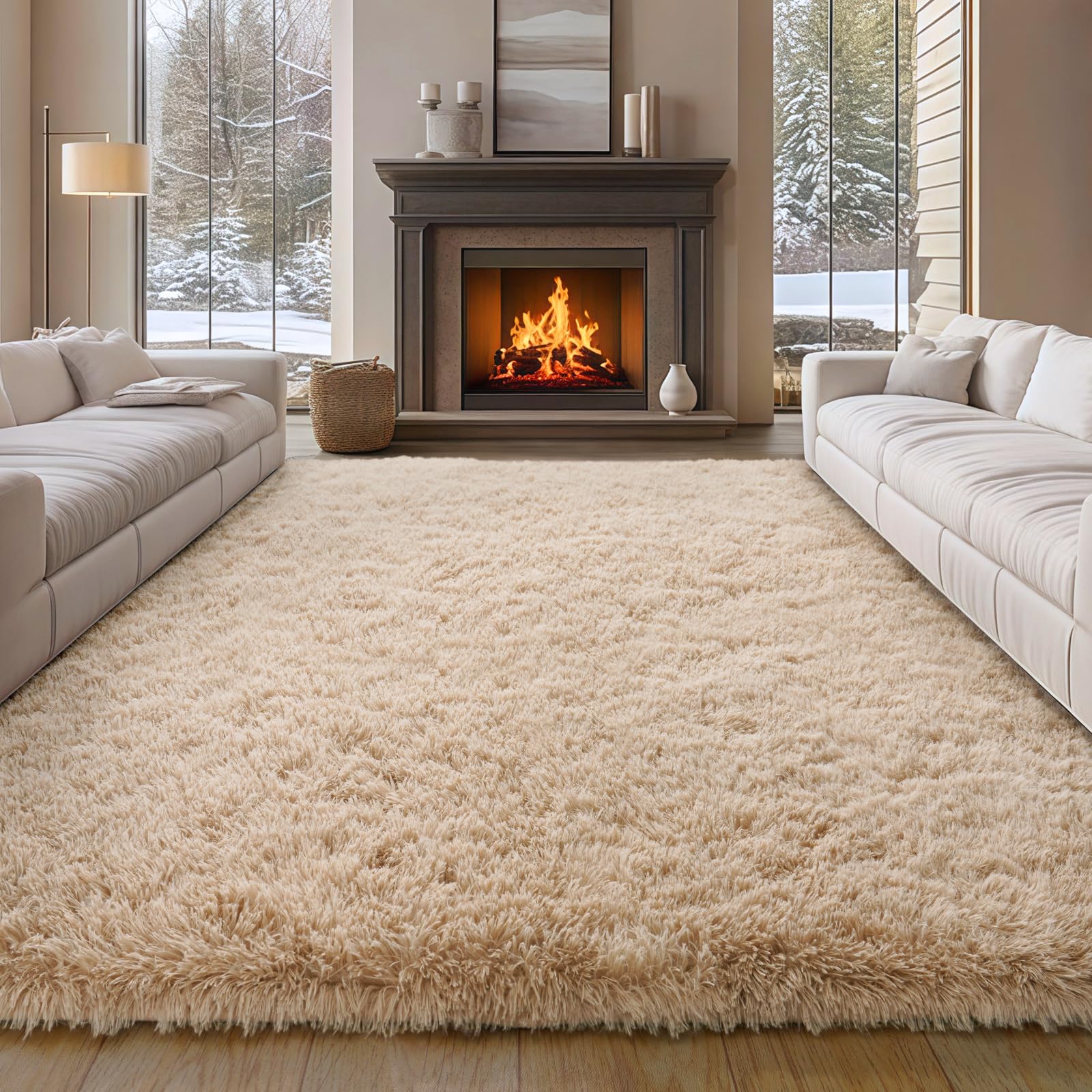 plumlik 9x12 Large Area Rugs for Living Room, Beige Fluffy Shag Rug for Bedroom and Nursery, Soft and Comfy, Big Neutral Carpet for Kids, Girls, Boys