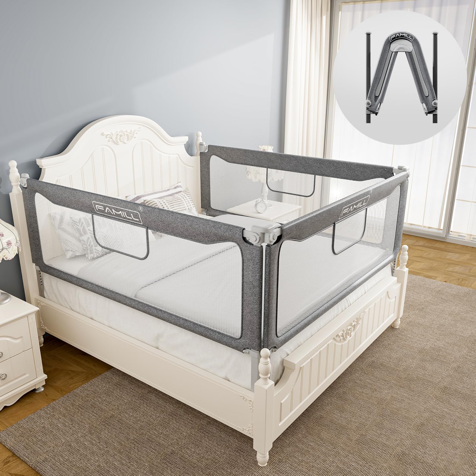 FAMILL Bed Rail for Toddlers, Toddler Bed Rails, 2 Minutes Assembly Foldable Guard with U-Shaped Base, Suitable for Queen/King/Full/Twin Size, Grey, 60", 1 Side