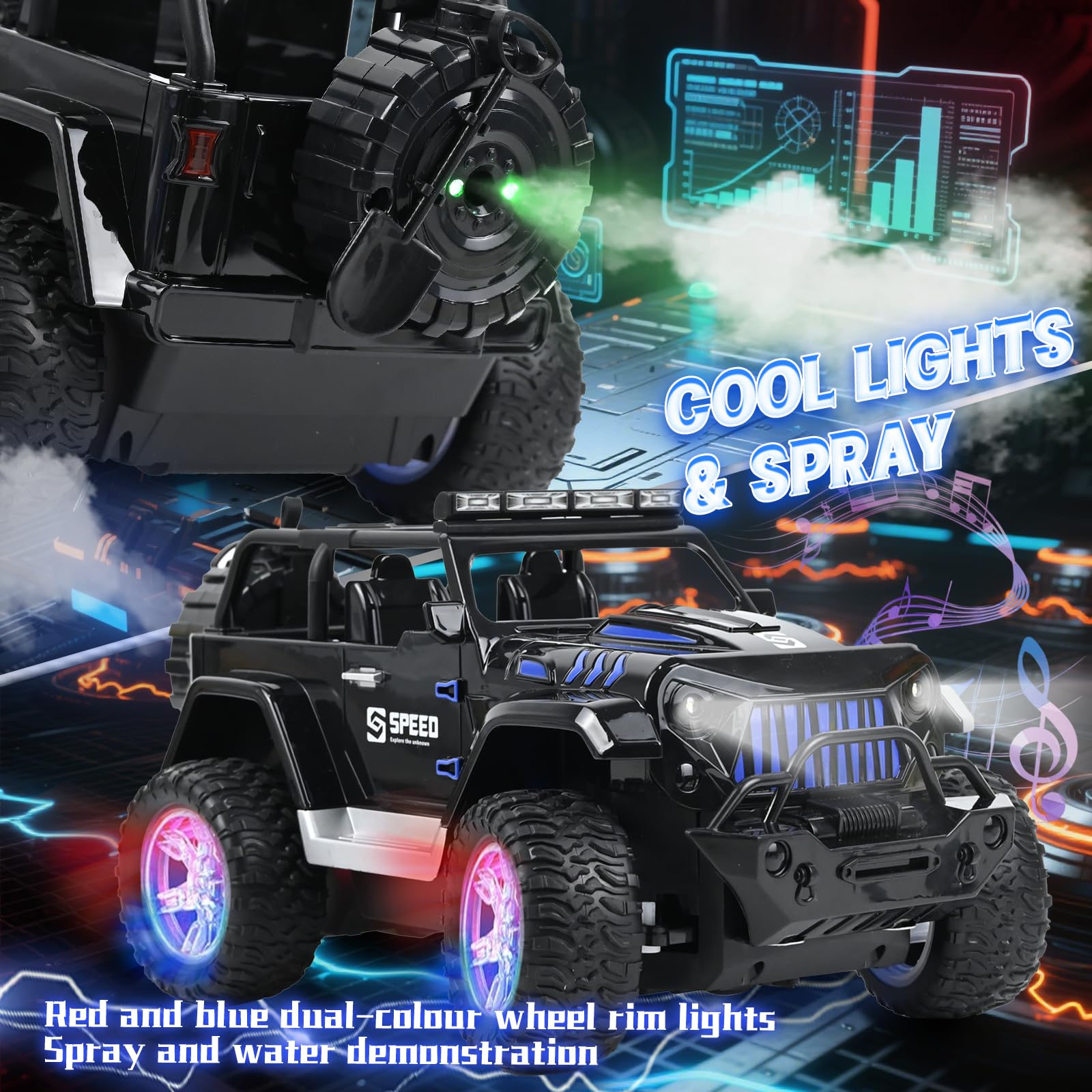 PATEMZON Macchina Telecomandata per Bambini, 2,4GHz Auto RC, Fuoristrada Telecomandato, SUV Telecomandato con Luce, Nebbia Spray, Suono, 2 Batterie 60Min, Regalo per Ragazzi Ragazze 6-16 Anni