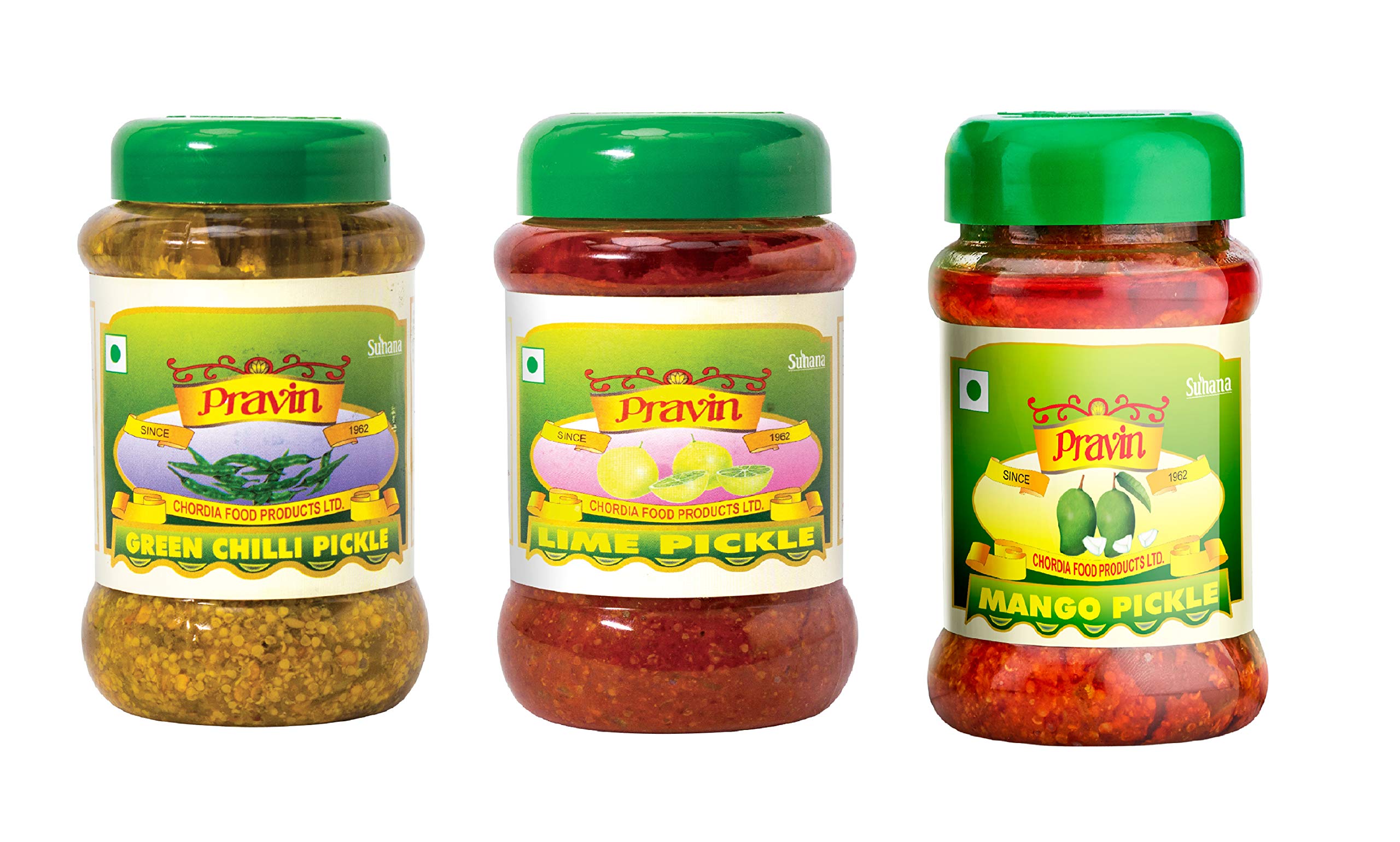 Pravin Pickle Combo of 3 Jar (Mango Pickle 500g, Green Chilli 500g, Lime Pickle 500g)