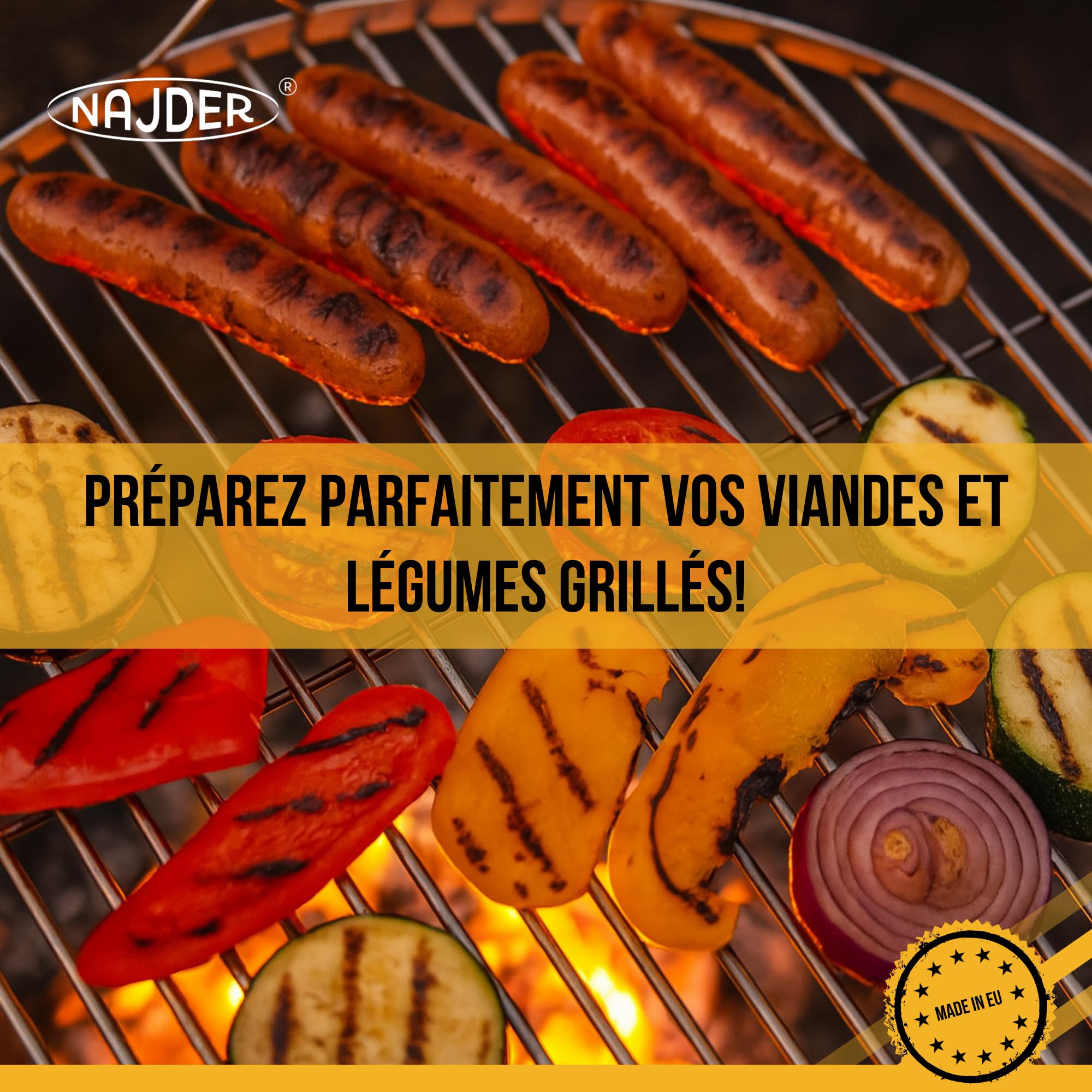 NAJDER Grille de Cuisson en Acier Inoxydable Ronde Ø800 mm pour Barbecue Pivotant avec Suspension par Câble, Grille de Cuisson Ronde avec 3 Trous de Suspension, BBQ Grillade - Solo