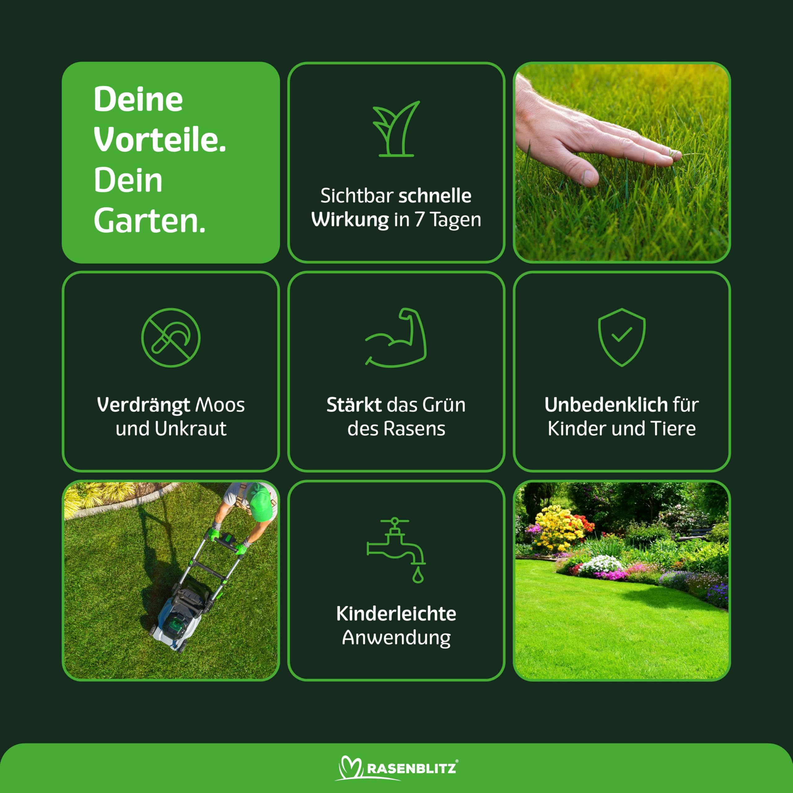 RASENBLITZ Rasendünger Sommer flüssig 5 L – flüssiger Rasendünger für starken Rasen trotz Hitze – ideal zur Ergänzung zu Rasensamen – inkl. Sprühflasche – Anwendung direkt am Gartenschlauch