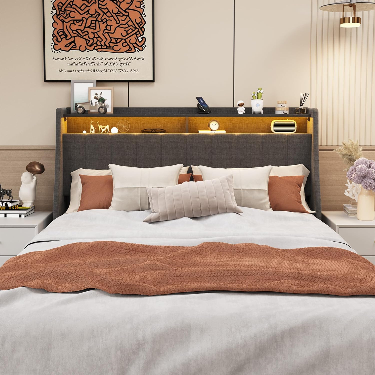 Smart LED Platform Bed with 4 Drawers Underneath, Queen Size Linen Upholstered Bed Frame with Wings Headboard and Open Storage Shelf for Bedroom Guest Room, Wooden Slats Support No Box Spring Needed