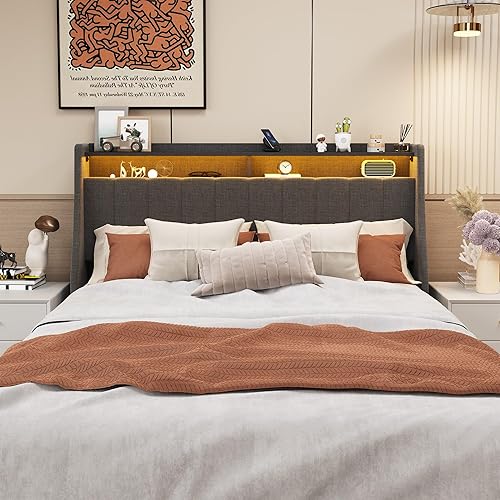Miniatura 4 de Livavege Base de cama tamaño Queen con cabecera de almacenamiento, espacios debajo de la cama y estación de carga, plataforma tapizada LED Queen con