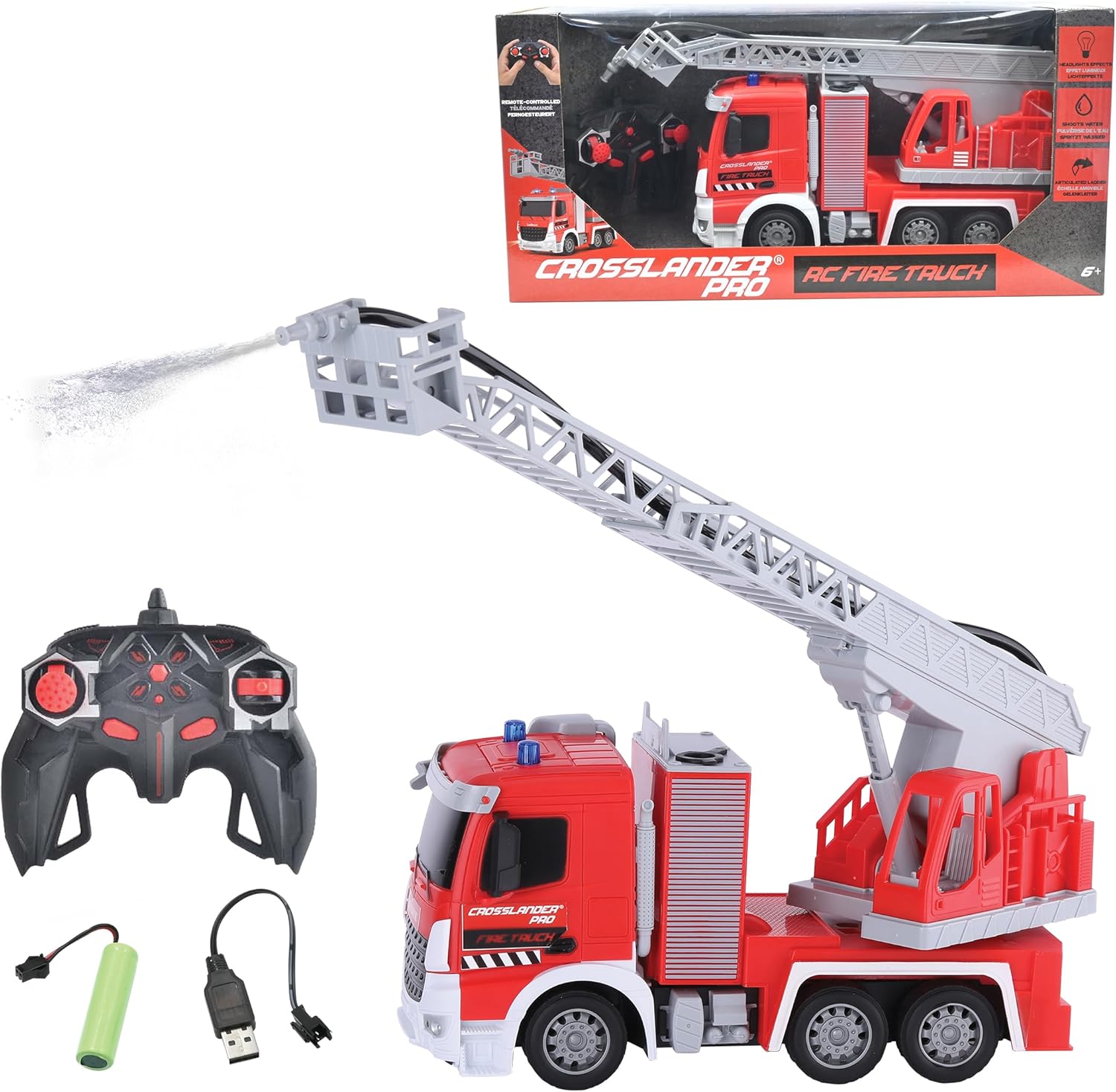 LEXiBOOK Crosslander® pro, RC Fire Truck, Remote Controlled fire Truck, Light Effects, Water Spray, Electronic Rotating Ladder, Rechargeable, RCP20
