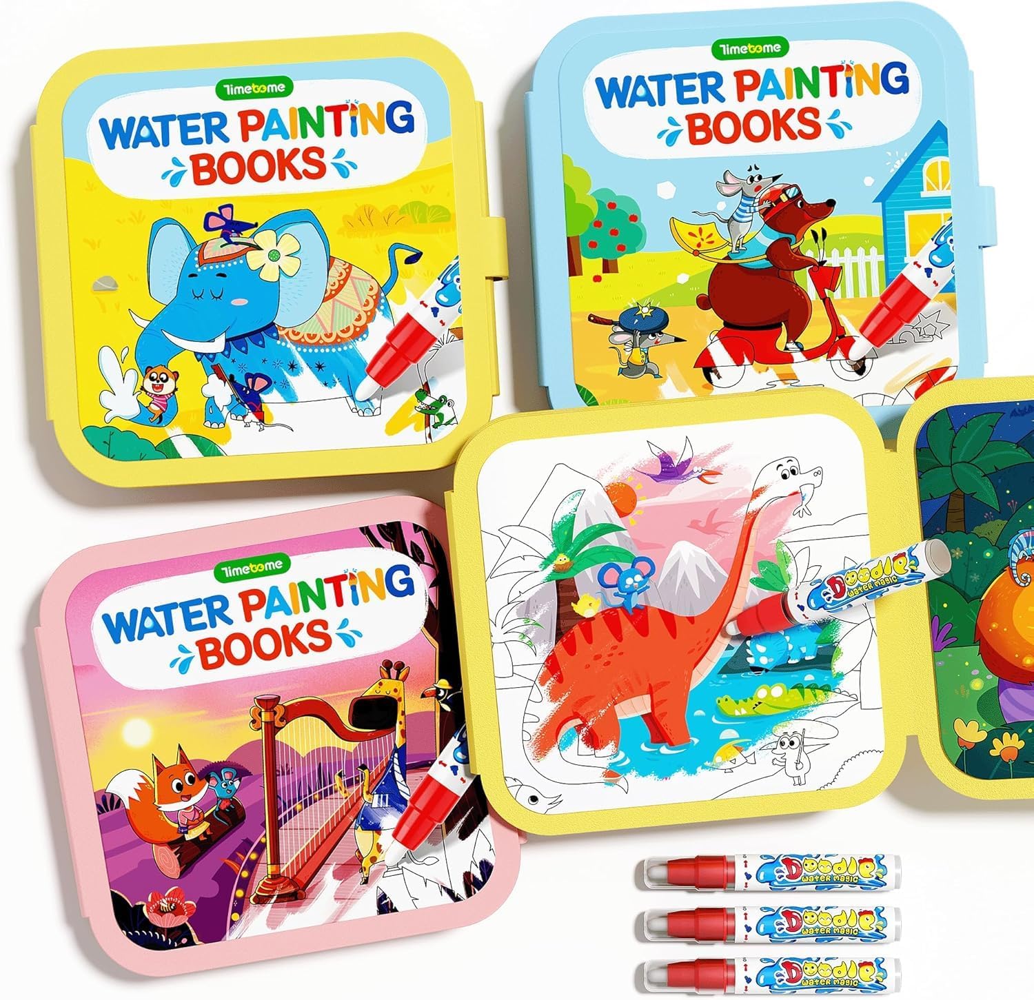 QANIY Reusable Water Painting Book, 4 Pack Magic Water Coloring Books with 4 Water Pens for Toddlers，Mess-Free Coloring Book with 4 Different themes,Travel Activity Toys, Gift for Boys & Girls Ages 3+