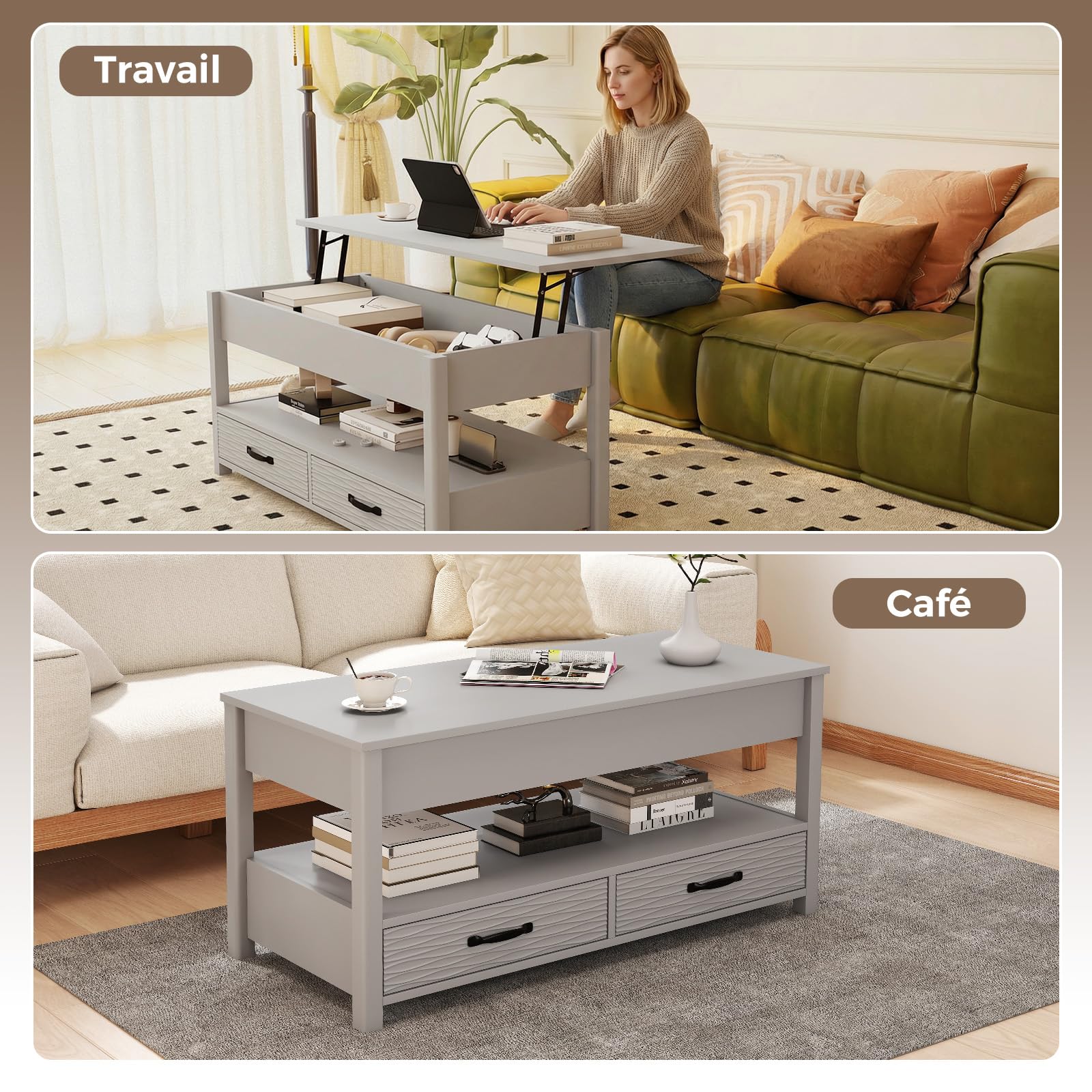 GOPLUS Table Basse Relevable avec Rangement, Table Basse avec Plateau Relevable, Compartiment Caché, Étagère Ouverte et 2 Tiroirs,Rectangulaire pour Salon