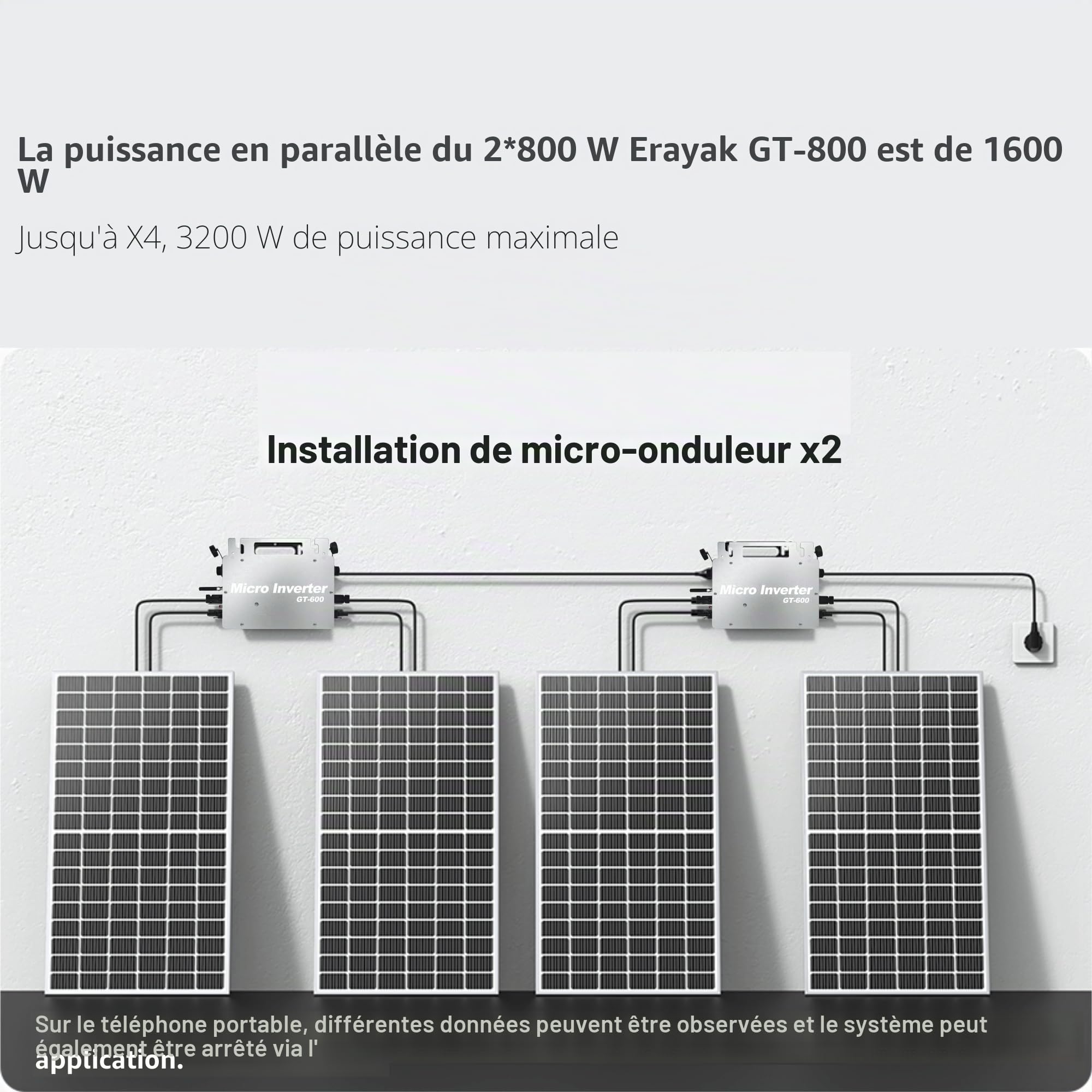 Erayak GT-800 Micro Onduleur 800W Onduleur Solaire Intelligent WiFi pour système Solaire sur Balcon, onduleur PV pour 2 Panneaux solaires, étanchéité IP66, Commande Via l’appli, MPPT intégré (GT800)