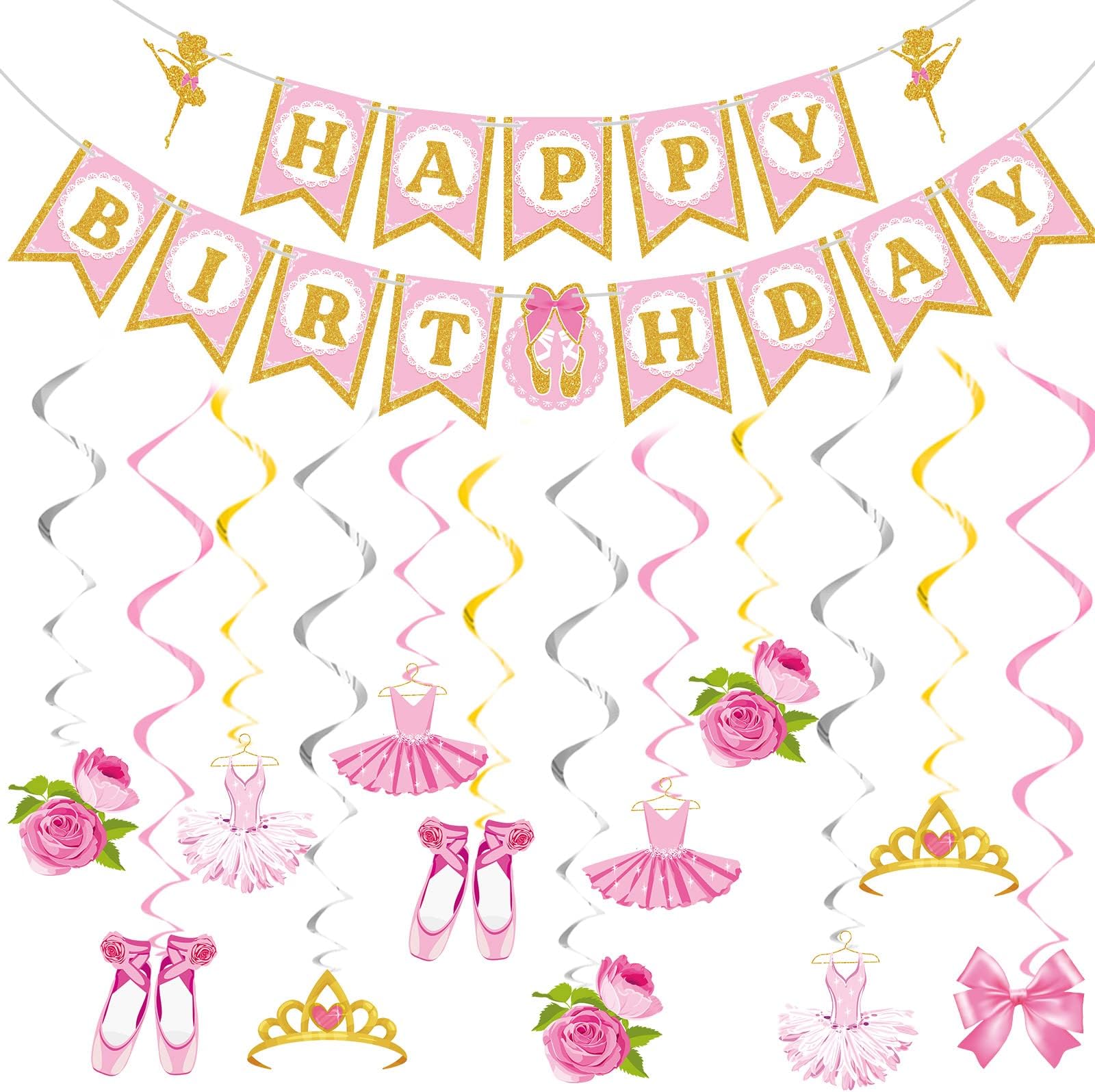 37 Pieces Ballerina Birthday Party Decoration Pink Ballet Hanging Banner for Girls Ballerina Birthday Supplies for Baby Shower Dance Party Decor