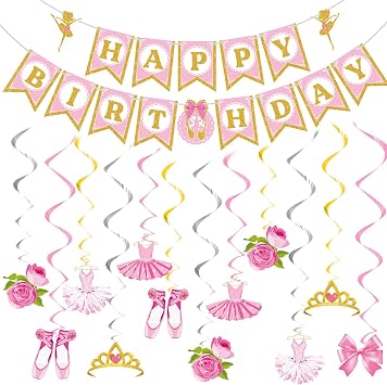 37 Pieces Ballerina Dancer Banner Ballet Birthday Party Decoration Dancing Hanging Garland for Women Birthday Wedding Baby Shower Ballet Theme Supplies
