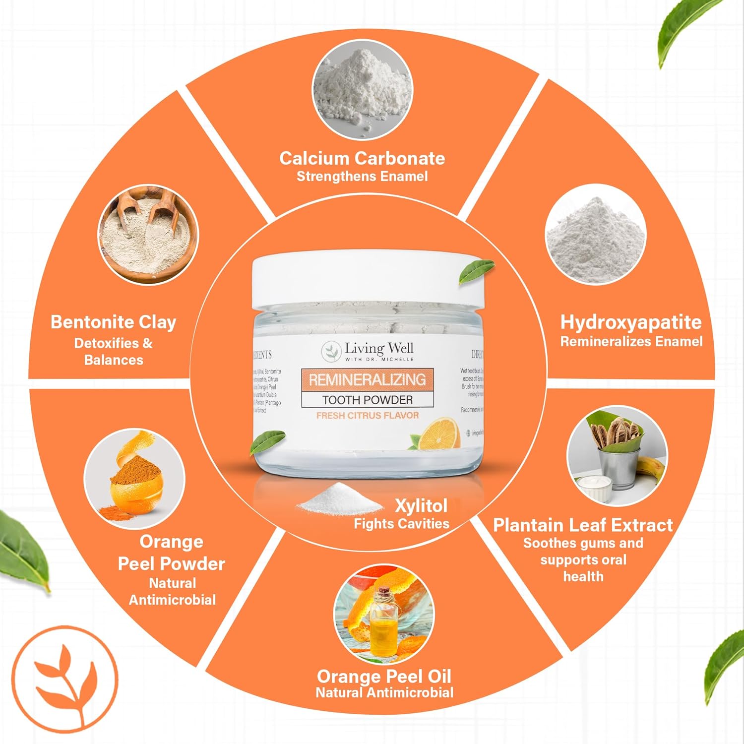 Living Well with Dr. Michelle Fresh Citrus Remineralizing Tooth Powder | Fluoride-Free Kids & Adults Formula | Hydroxyapatite for Enamel Support | Natural Ingredients for Stronger Smiles