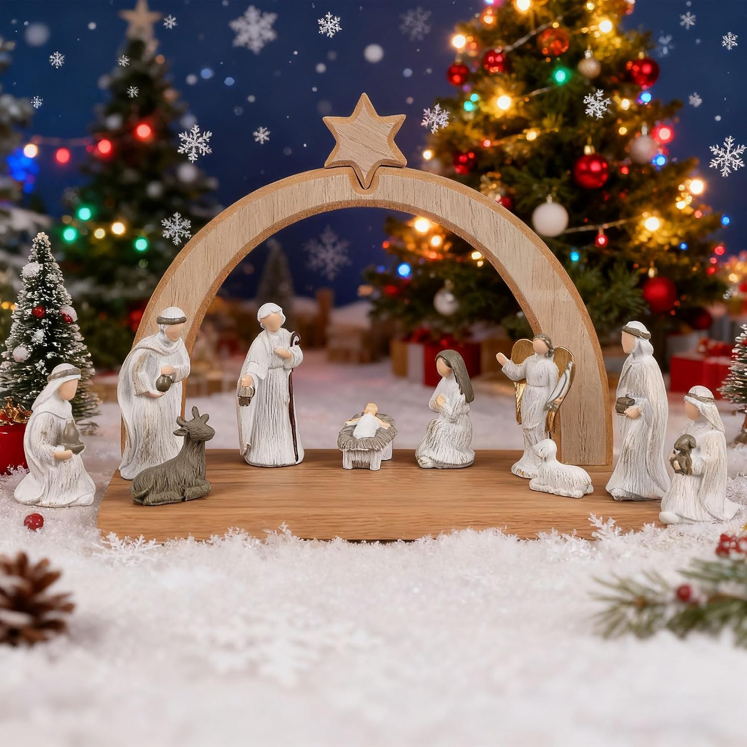 11 Pcs Christmas Scene Nativity Set, Holy Family Scene with Wooden Arched Stable and Resin Figurines Including Baby Jesus, Mary, Joseph and More, Religious Collections for Home Tabletop Decor