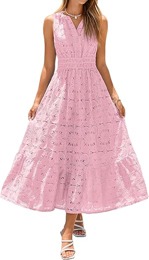 Simplee Women Summer Lace Eyelet Maxi Dress 2026 Sleeveless Casual V Neck A Line Boho Flowy Beach Wedding Guest Long Dresses