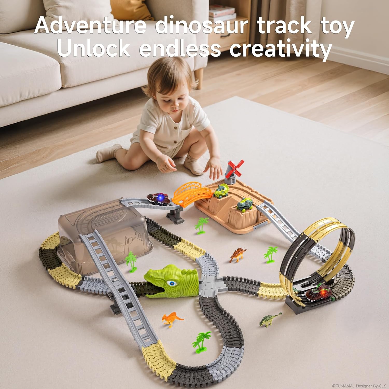 TUMAMA Dinosaur Toys Race Track, 255 PCS Create A Dinosaur World Road Race Tracks, Flexible Train Tracks with 3 Dinosaurs Figures, 4pcs Dinosaur Car for 3 4 5 6 Year Old Boys Girls Birthday Party Gift