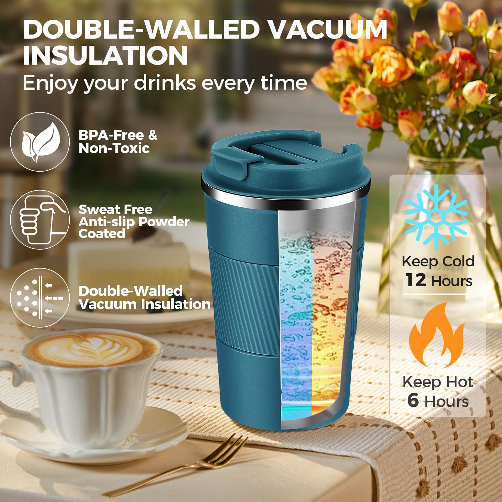 Volhoply Lot de 8 tasses à café de voyage isothermes en acier inoxydable de 390 ml avec couvercle à rabat – Tasse à café réutilisable à double paroi sous vide en métal – Gobelet portable étanche pour