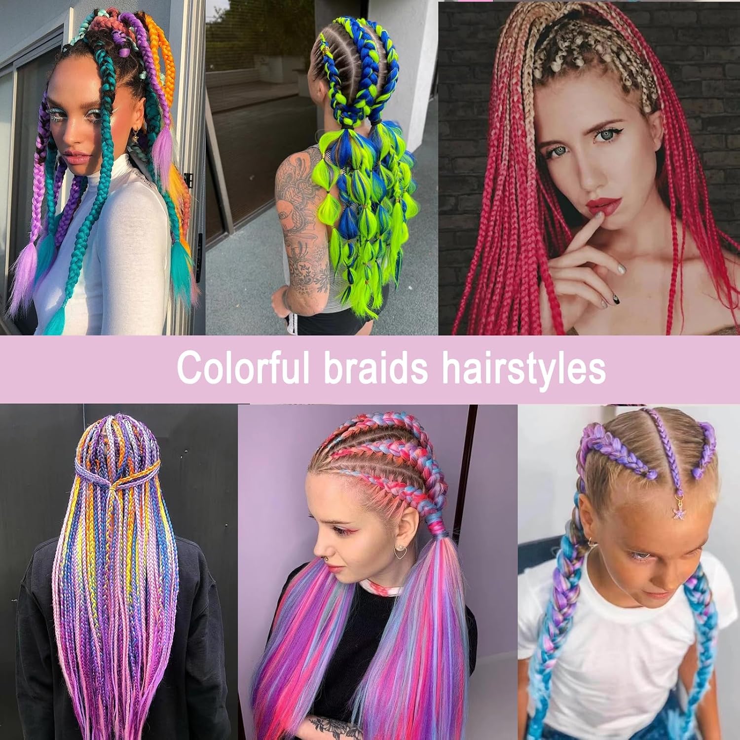 3 Pack Colored Braiding Hair 24 Inch Colorful Braiding Hair for Braids Synthetic Colored Hair Extensions for Braiding M7 Royal Blue/Rose Red/purple thumbnail