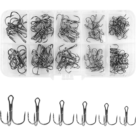 Fishing Treble Hooks Kit 110pcs/box High Carbon Steel Round Bend Fishing Hook Set Sharp Barbed Triplet Hooks for Lures Baits Saltwater Fishing Size 4 6 8 10 12 14