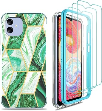 for Galaxy A04e Case, for Galaxy A03 Case with [3X Tempered Glass Screen Protector], Hard PC Bumper + Sofe TPU Shockproof Armor Impact Resistance Hybrid Marble Colorful Phone Case for A03 6.5" - Green