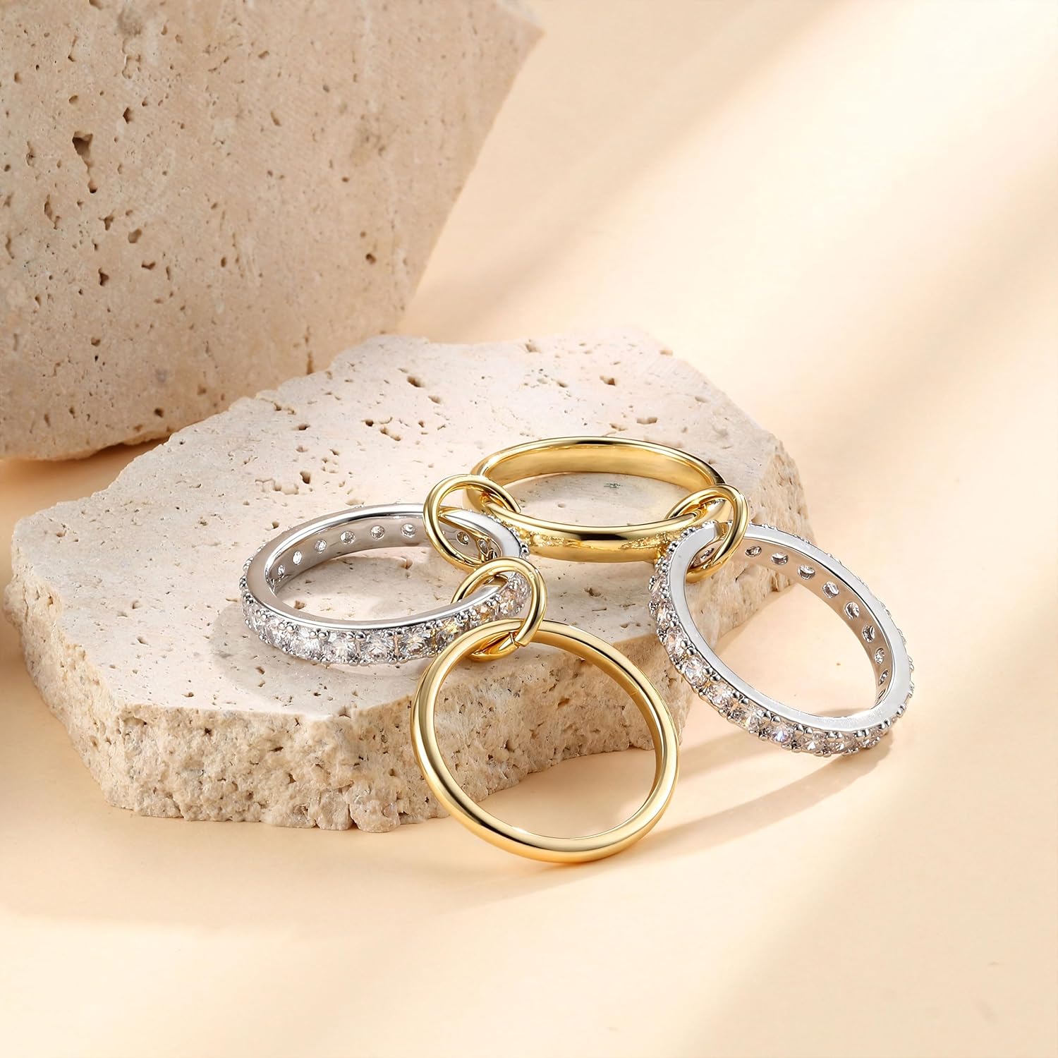 PATISORNA Gold Stackable Rings for Women Non Tarnish 18K Gold Plated Interlocked Stack Rings Set Silver Gold Mixed Metals Multi Ring Statement Thumb Rings Cubic Zirconia Connected Bands Fashion Jewelry Gifts - Image 6