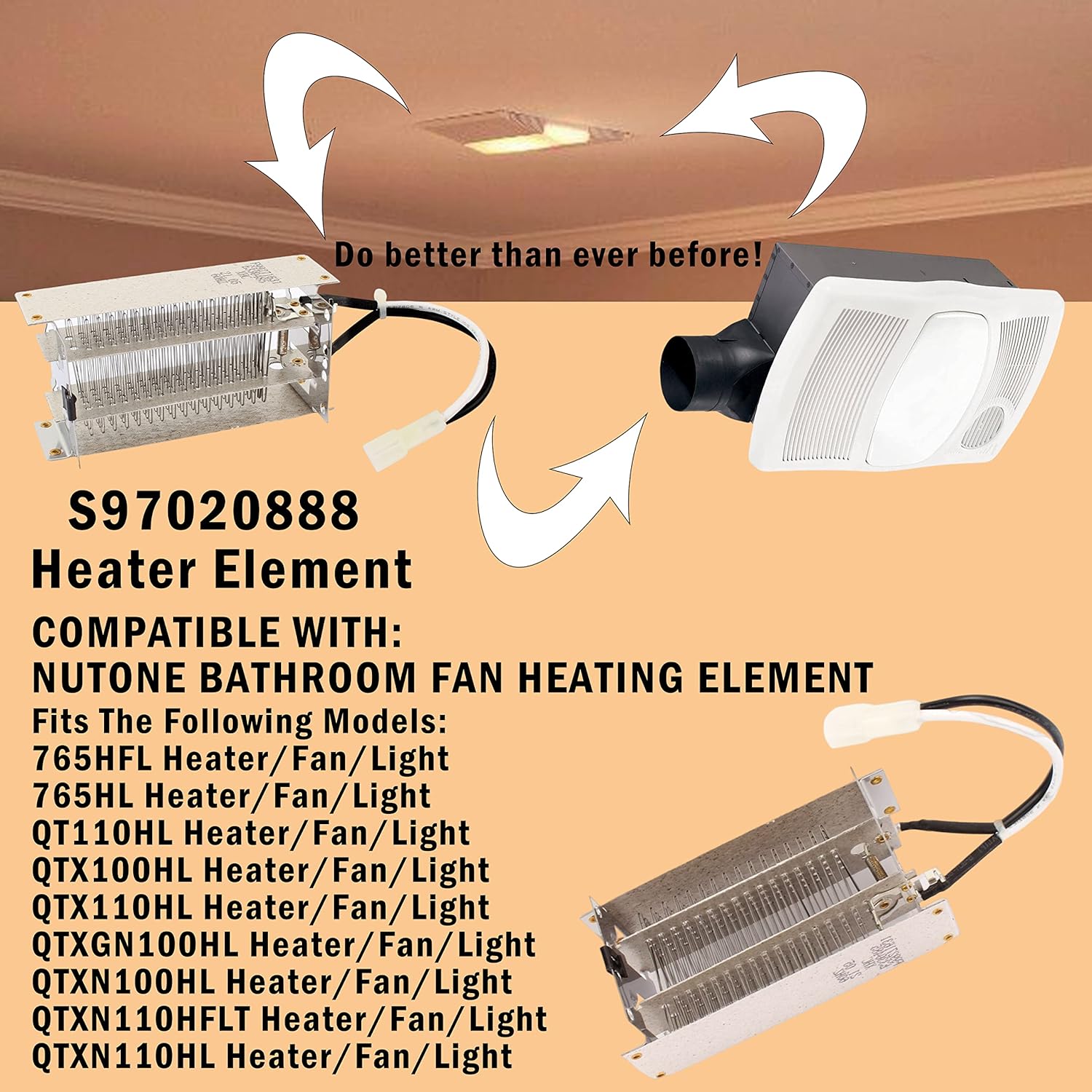 S97020888 Replacement Heater Element For Broan Nutone Bathroom Fan Replacement Parts Fits for QTXN110HL QTXEN100HL 100HL 110HFL 765HFL Only for Heater/Fan/Light
