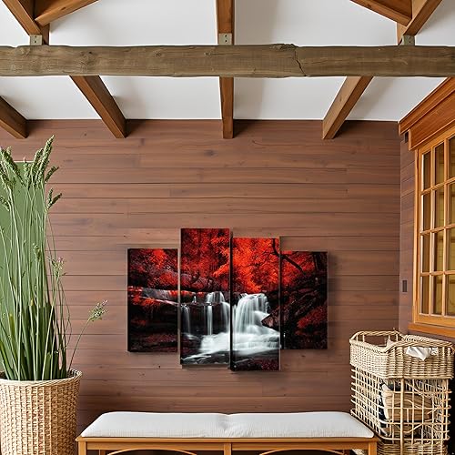 Miniatura 5 de LevvArts Arte de pared blanco y negro, 4 piezas de bosque de árbol rojo, cascada, lienzo impreso en lienzo de otoño pinturas de paisaje enmarcadas