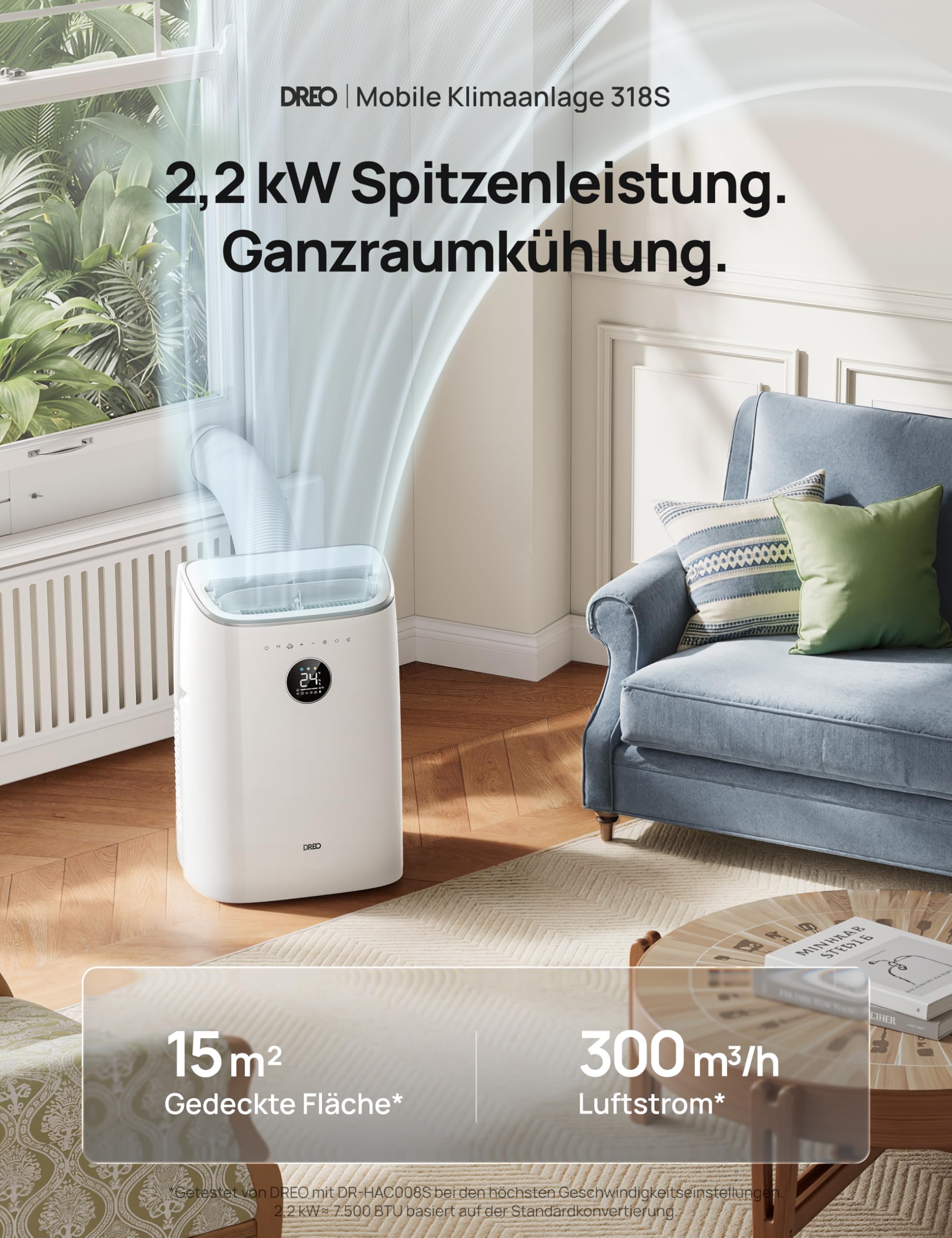 DREO 7.500 BTU Mobile Klimaanlage 3-in-1 Kühlen Ventilieren Entfeuchten App-Sprachsteuerung Fenster-Set AC318S