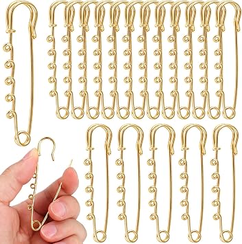 Pale Gold Safety Pins 50 PCS Brooch Pin Kilt Pin with 5 Loops-3 Inch Heavy Duty Blanket Safety Pins Kilt Pins with 5 Loops for DIY Jewellery Clothes Crafting-75mm