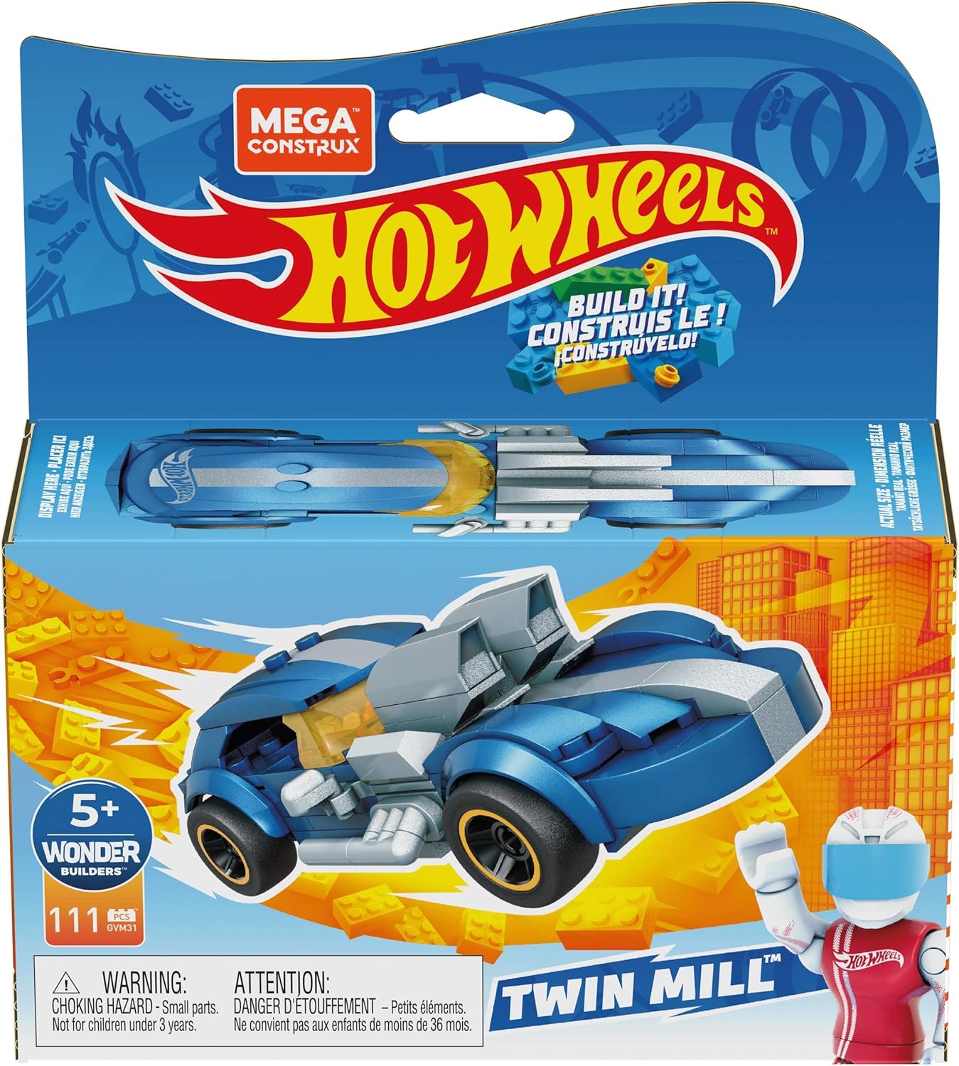 MEGA Construx Hot Wheels Race Car Building Toys Set, Twin Mill with 111 Pieces, 1 Micro Action Figure Driver, Blue, Kids Ages 5+ Years - Image 7