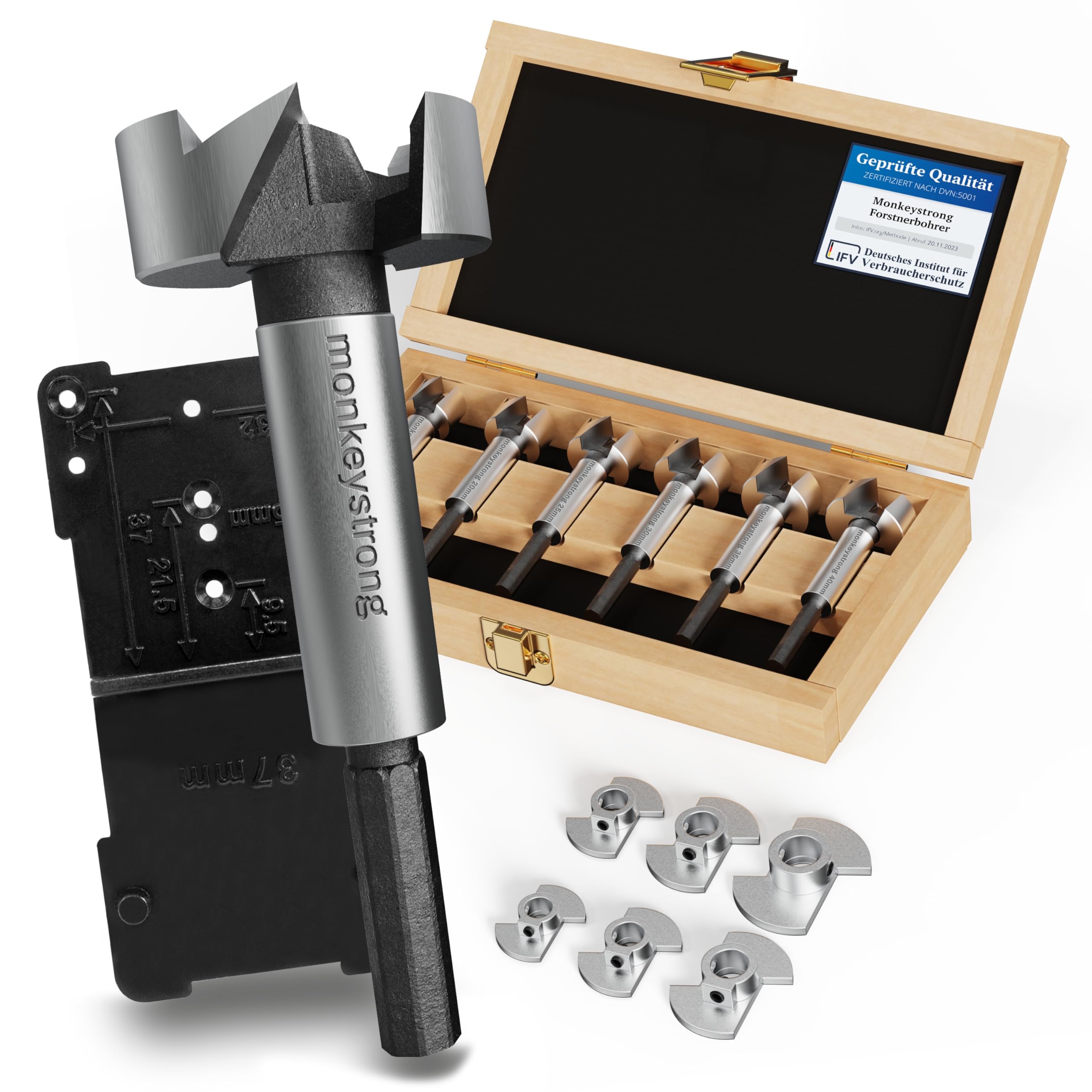 monkeystrong Forstnerbohrer Set 15-40mm 13-tlg mit Tiefenstopp & Schablone | Topfbohrer, Scharnierbohrer, Astlochbohrer, Sacklochbohrer, Kunstbohrer, für Hartholz, Weichholz, MDF & Spanplatte