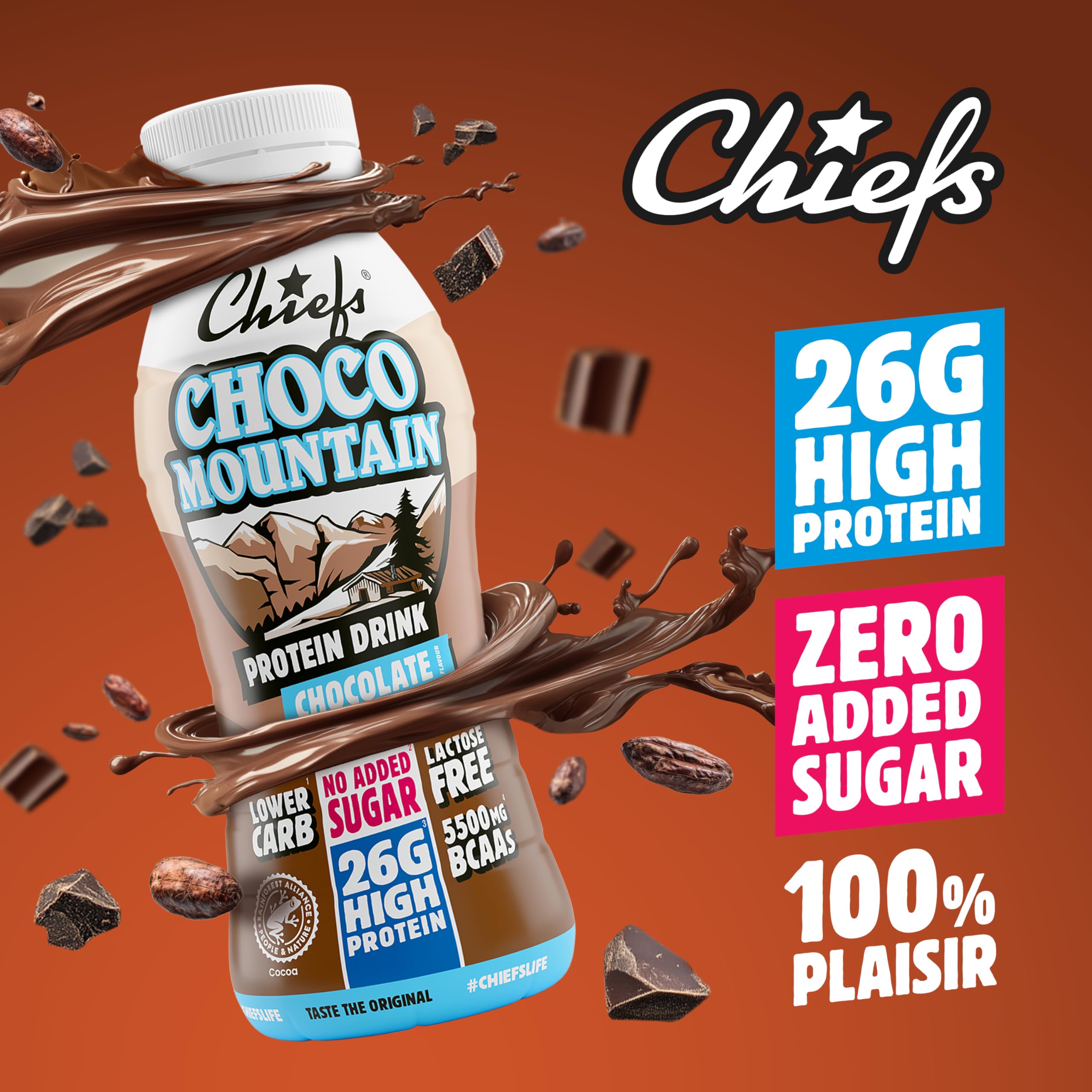 Chiefs® Milk Protein Drink avec 26 g de protéines et BCAA • Shake riche en protéines et faible en glucides, sans lactose et sans sucres ajoutés • 8 x 330 ml (Choco Mountain)