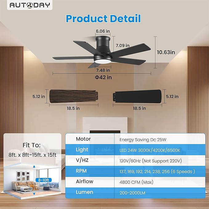 Ventilador de Techo 42 Pulgadas con Luz, 6 Velocidades, 120V miniatura 2