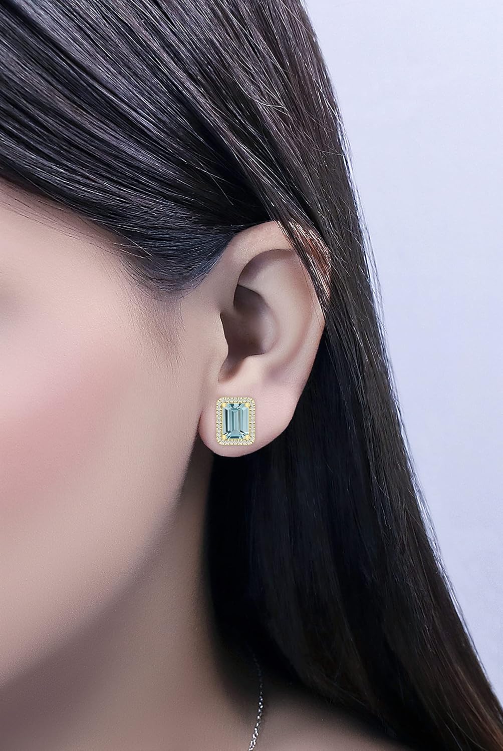 Dazzlingrock Collection 8x6mm Emerald Shape Gemstone & 0.17 CT Round White Natural Diamond Halo Triangular Grooves Stud Earrings in Real Solid Gold