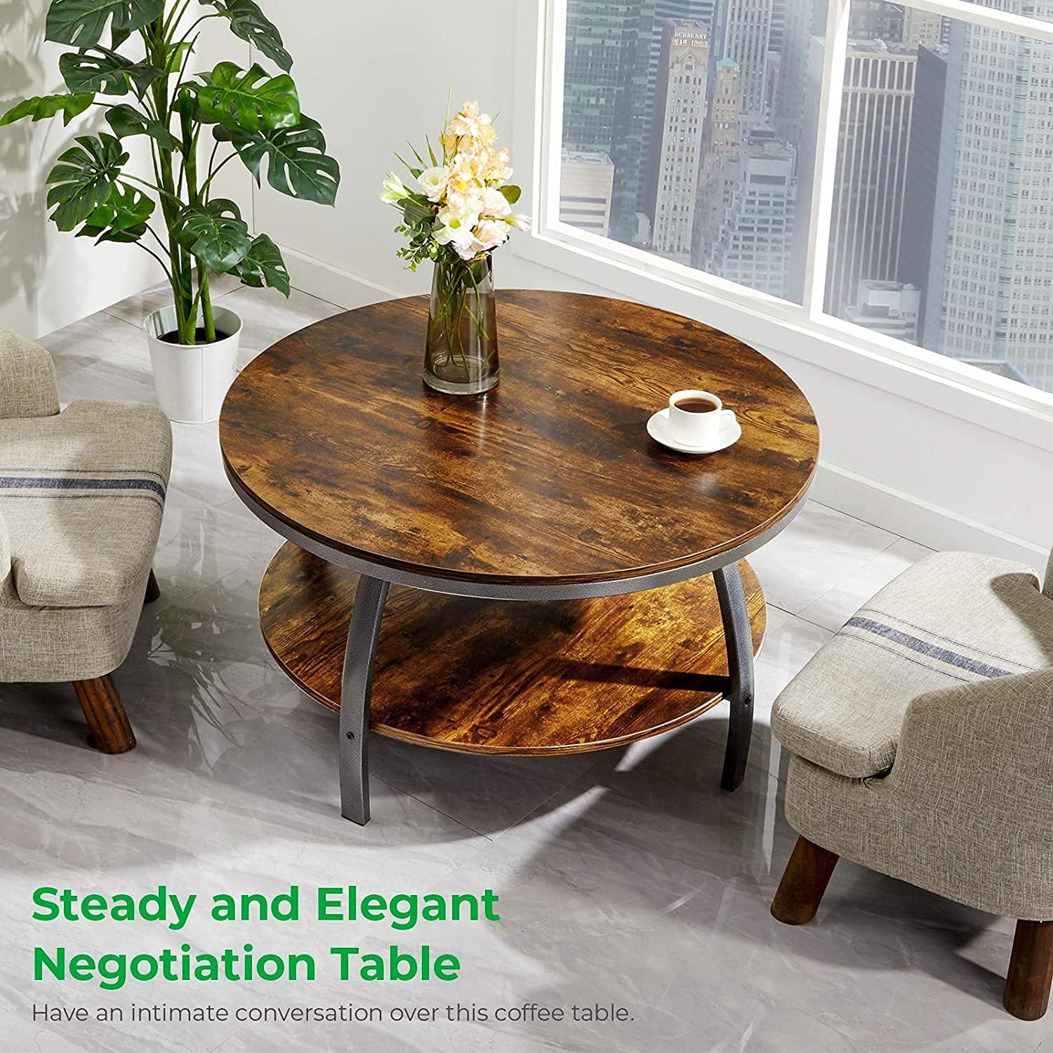 GreenForest 35.4 inch Round Coffee Table 2-Tier Large Size Industrial Design Sofa Table for Living Room with Storage Shelf Metal Legs Center Table, Rustic Brown