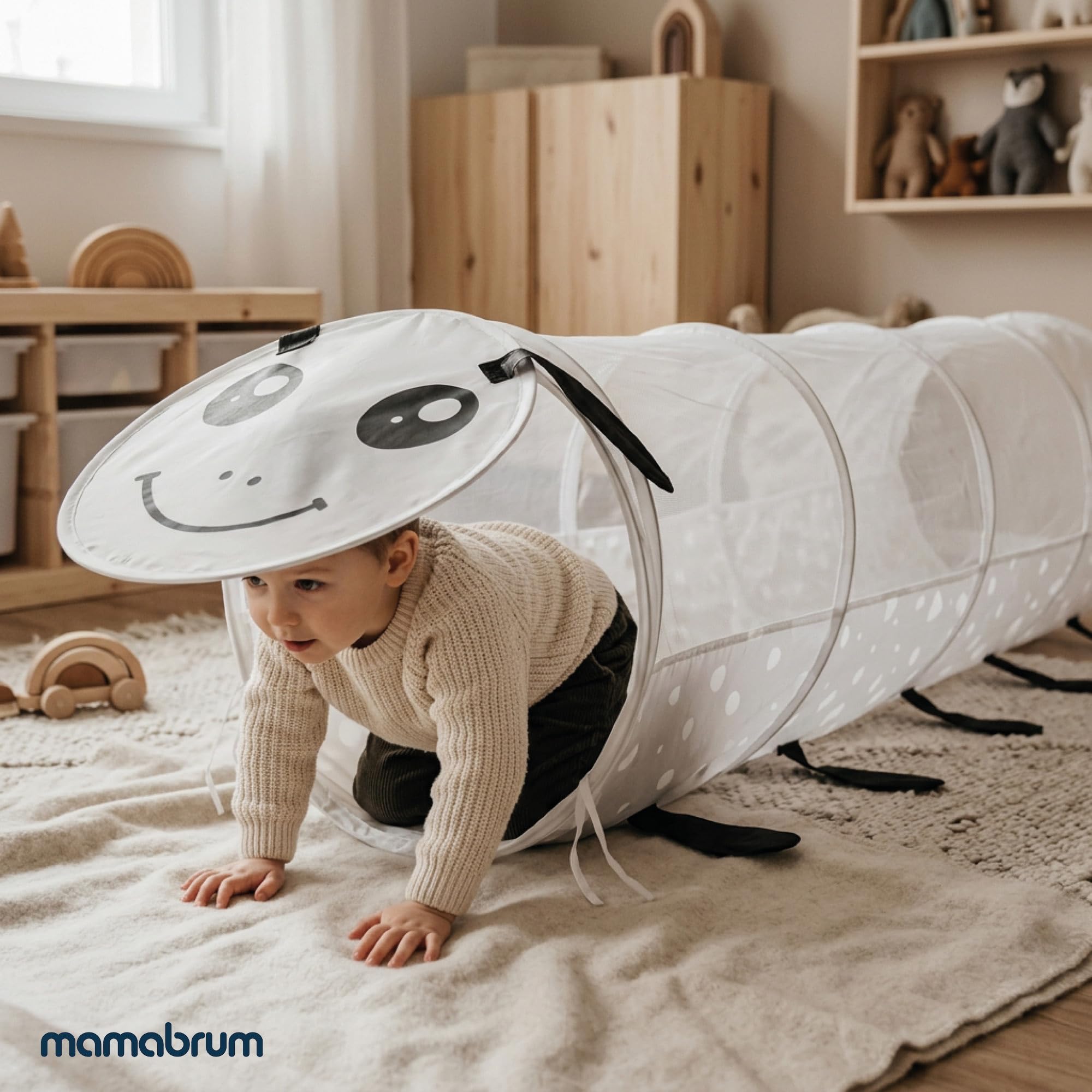 mamabrum Tunnel Gioco per Bambini, Struttura Gioco Pieghevole Pop-Up, Poliestere 190T con Rivestimento PA, 180 x 46 cm, a Forma di Bruco, Senza Montaggio