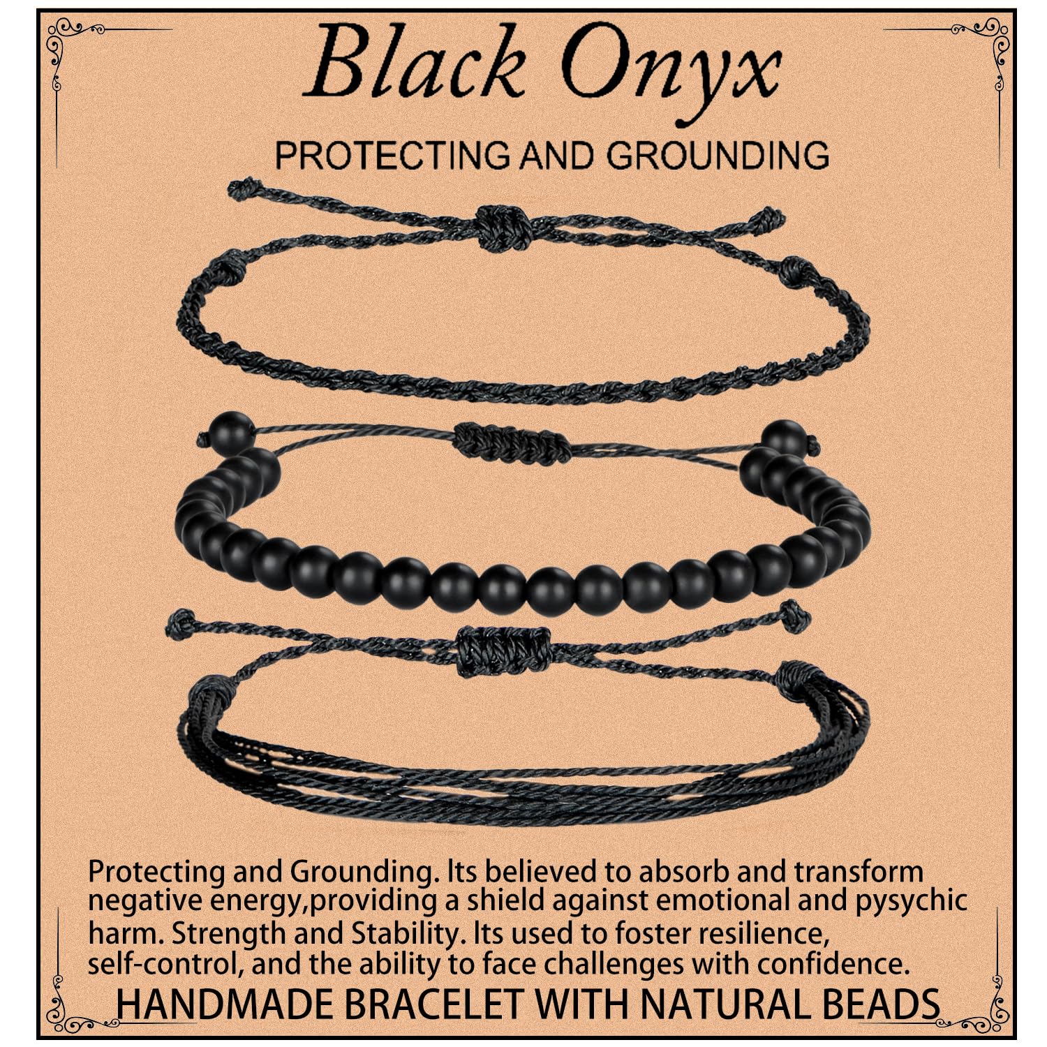 Handmade Healing Bracelets, 6mm Matte Black Onyx Bracelet Black Beaded Bracelets for Men Women with 2PCS Size Adjustable Rope Bracelets (6mm Black Onyx(Protecting and Grounding)) Thumbnail