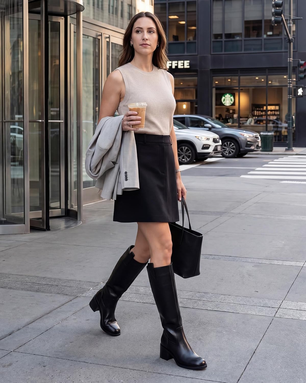 Black Knee High Boots for Women - Square Toe Tall Riding Boots, Faux Leather Pull-On Dress Boots with Chunky Block Heel
