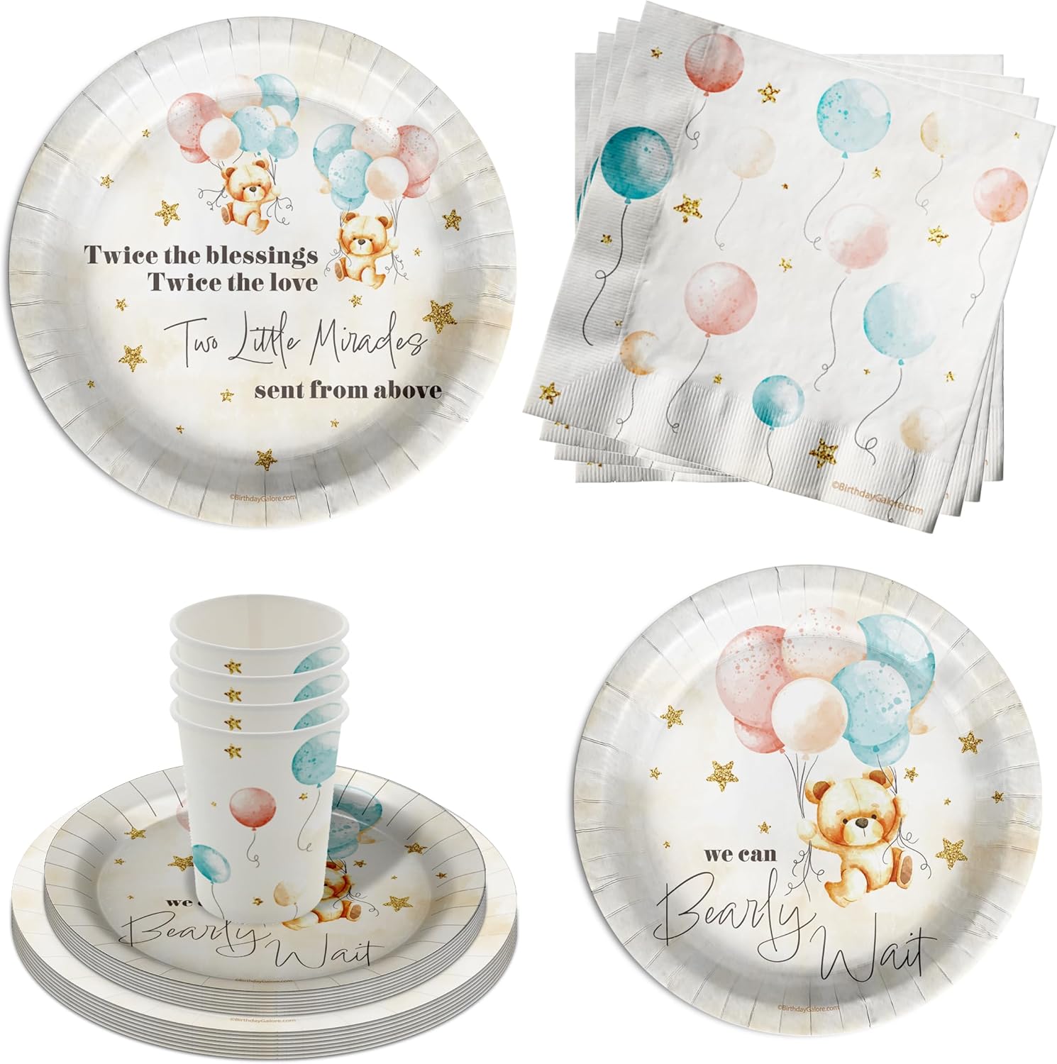 Birthday Galore Twin Teddy Bears Party Supplies - 64 Piece Twins Baby Shower Tableware Set Includes Large 9" Dinner Plates and 8" Dessert Paper Plates Napkins Cups - Kit for 16