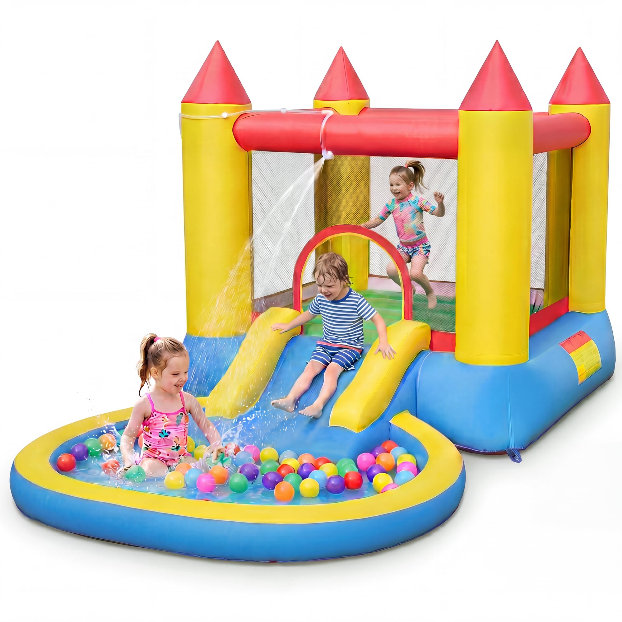 GIANTEX Castillo Hinchable para Niños para Interior y Exterior | Parque Acuático Infantil Inflable con Zona Seca y Mojada, Zona de Aaltos, Tobogán, Rociador, Piscina y Bolsa de Transporte
