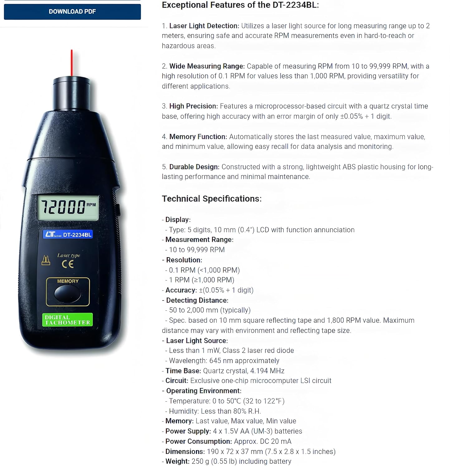 i-POOK LASER PHOTO TACHOMETER DT-2234BL from 10 to 99,999 RPM Resolution 0.1 RPM Accuracy: ±(0.05% + 1 digit) long measuring range up to 2 meters With Memory Function made in Taiwan