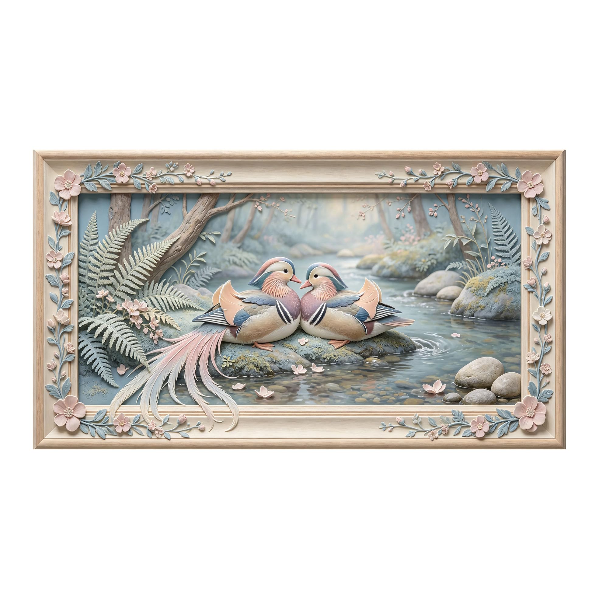 Yzpallescene 3D 3D Framed Wall Art 50cm×90cm Mandarin Ducks Forest Stream Pastoral Oil Painting Large Size SelfAdhesive Removable Wall Decor Prints Artwork for Living Room Bedroom Office
