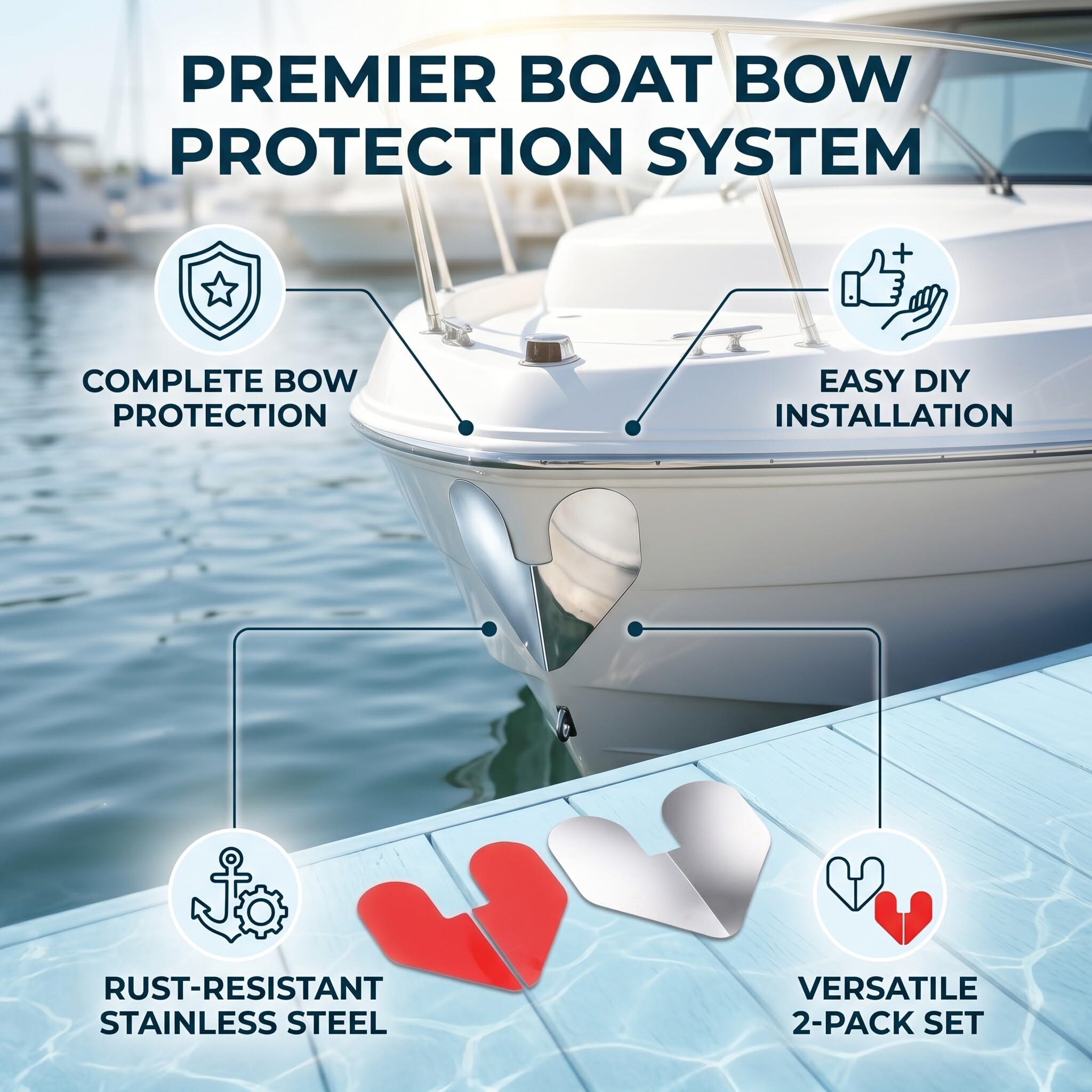 Alomejor Protection d'arc de Bateau 2 Pièces, Protecteur d'arc cranté en Acier Inoxydable avec Autocollant Auto-adhésif pour la Protection de Coque de Bateau de Remorque de