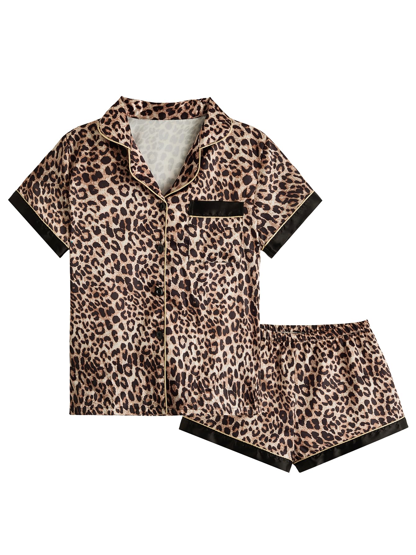 BEAUDRM Women's 2 Piece Satin Pajama Set Leopard Button Front Short Sleeve Cheetah Collar Shirt and Shorts Sleepwear Set Pjs