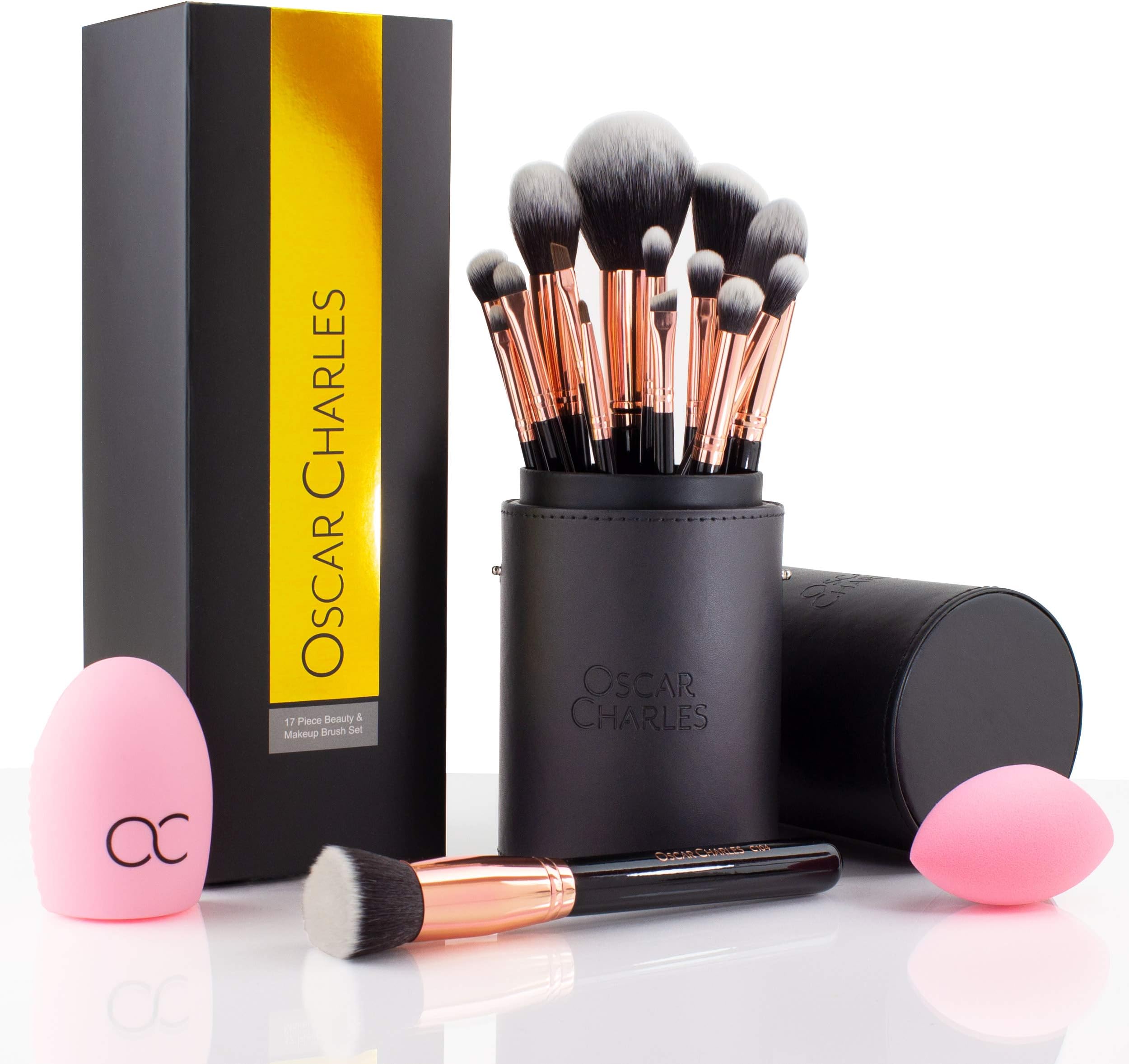 Oscar Charles 17 Piece Professional Makeup Brush Set: Make up brushes with Case, Beauty Blender, Brush Cleaner, Product Guide and Gift Box