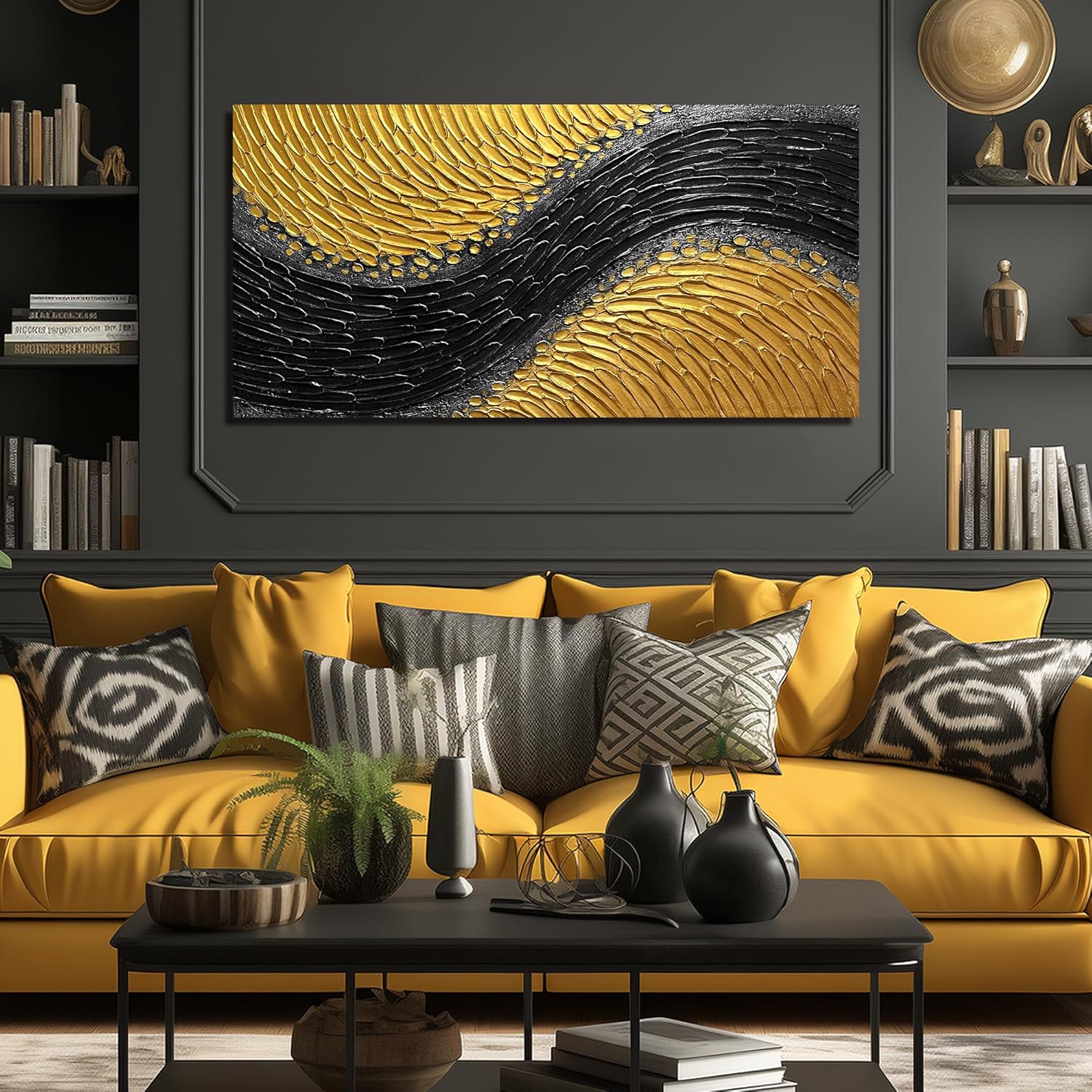 Abstract 3D Hand Painted Wall Art for Office Black and Gold Canvas Wall Art for Bedroom Modern Wall Decor for Living Room Size 24 x 47 Inch