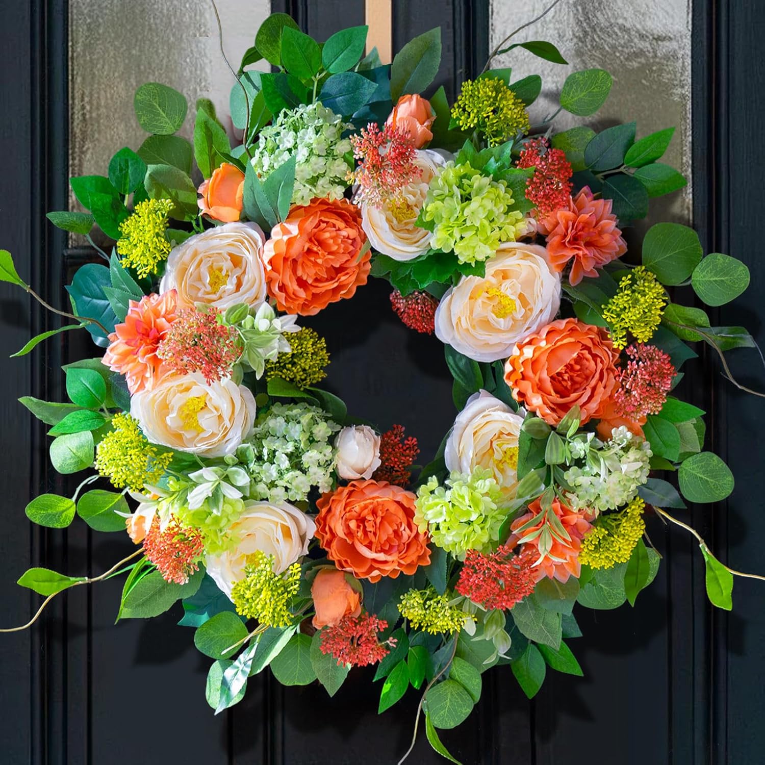 Spring Wreaths for Front Door Outside 24 Inch Luxury Summer Wreath with White Rose Flowers,Pink Dahlia & Green Hydrangeas,Lush Greenery Spring Front Door Wreath for Home,Wall,Porch Decor