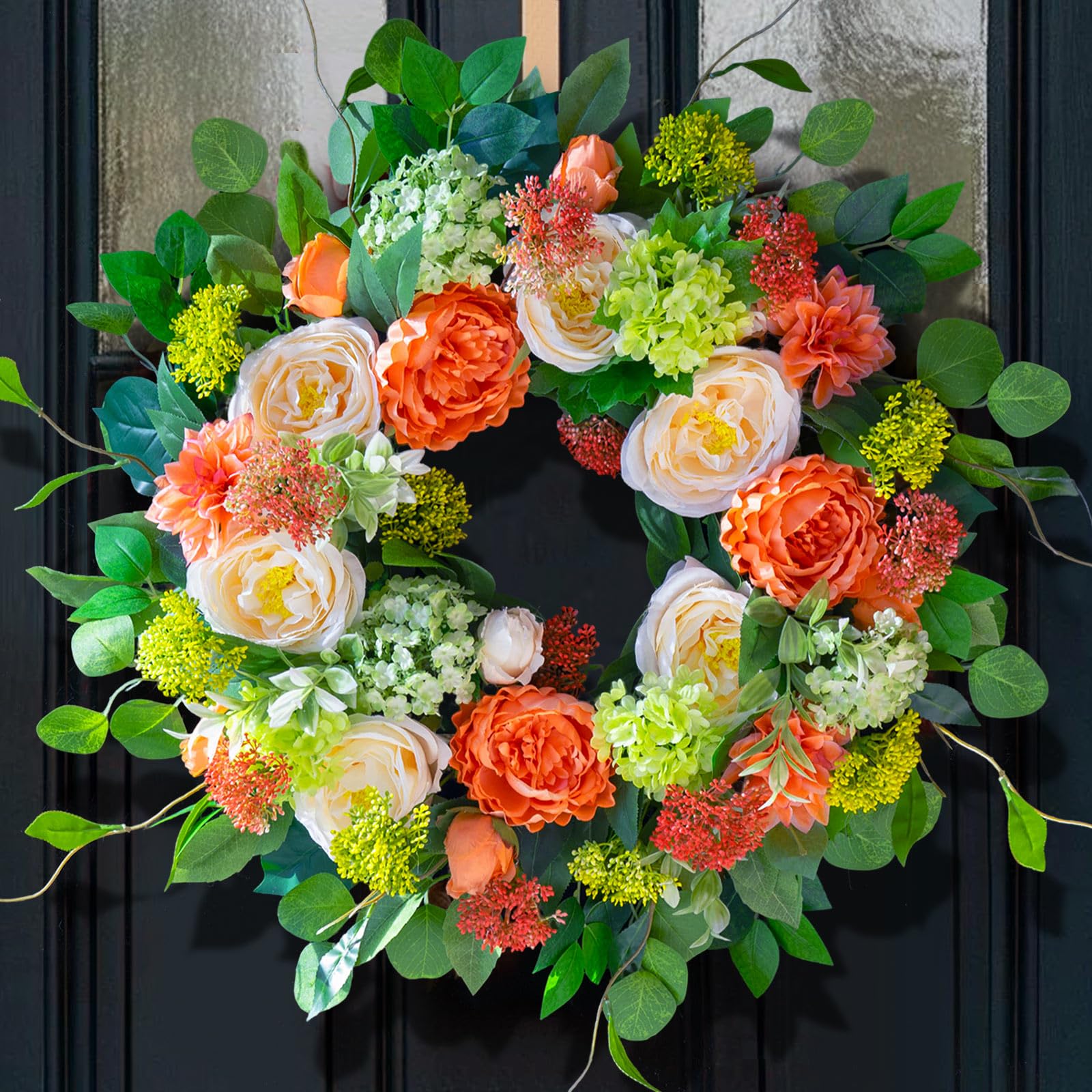 Photo 1 of CHvista Spring Wreaths for Front Door Outside 24 Inch Luxury Summer Wreath with White Rose Flowers,Pink Dahlia & Green Hydrangeas,Lush Greenery Spring Front Door Wreath for Home,Wall,Porch Decor