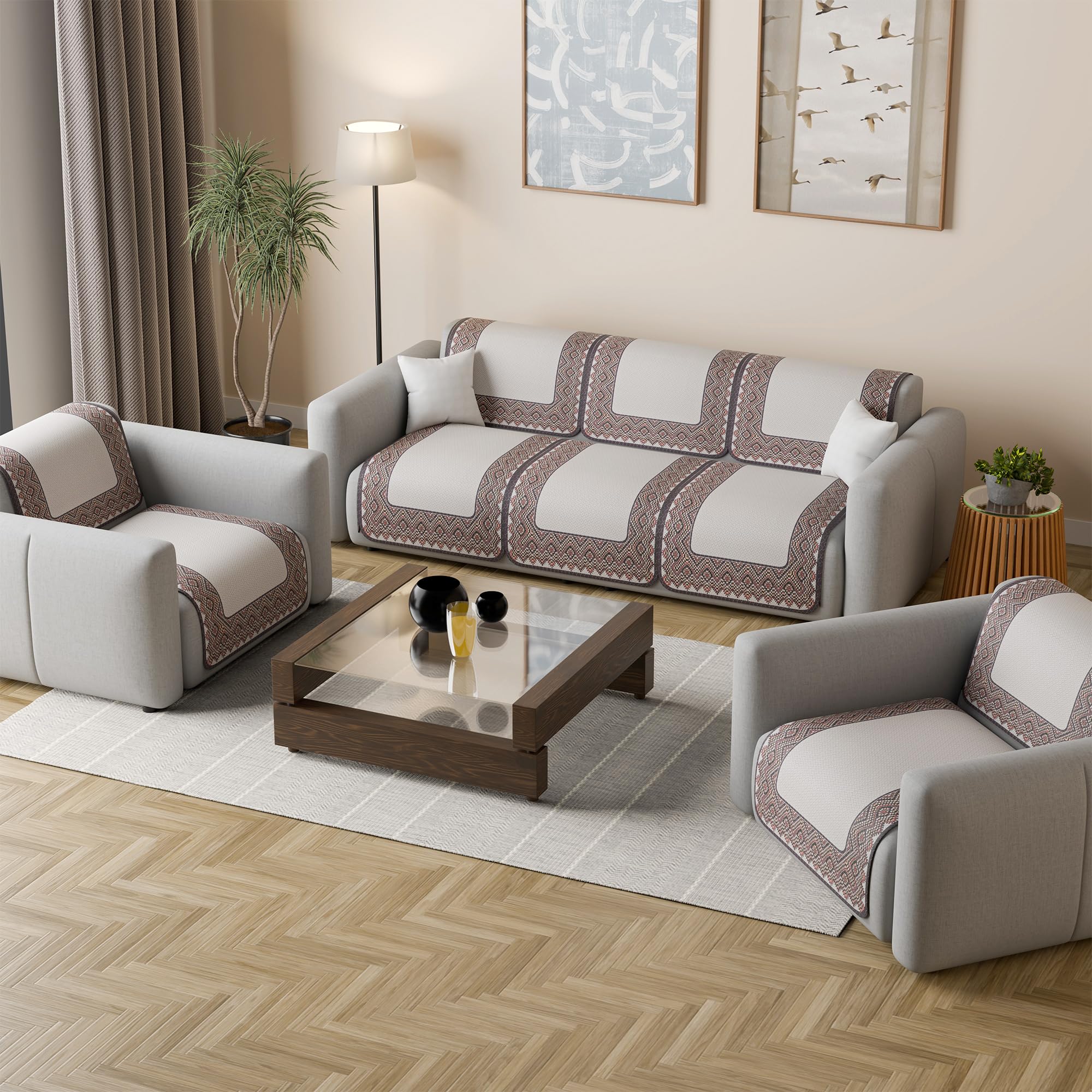 Kuber Industries 5 Seater Sofa Cover | Slipcover for Living Room | Thick & Cozy | Non-Slip Comfort Sofa Cover Set | Paradise Diamond 1372 - Cream & Purple